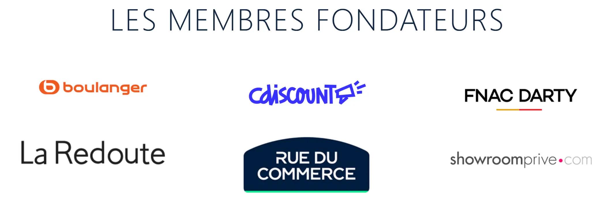 Image affichant les logos des six enseignes fondatrices des French Days : Boulanger, Cdiscount, Fnac Darty, La Redoute, Rue du Commerce et Showroomprivé. Le texte "Les membres fondateurs" est placé en haut de l’image.