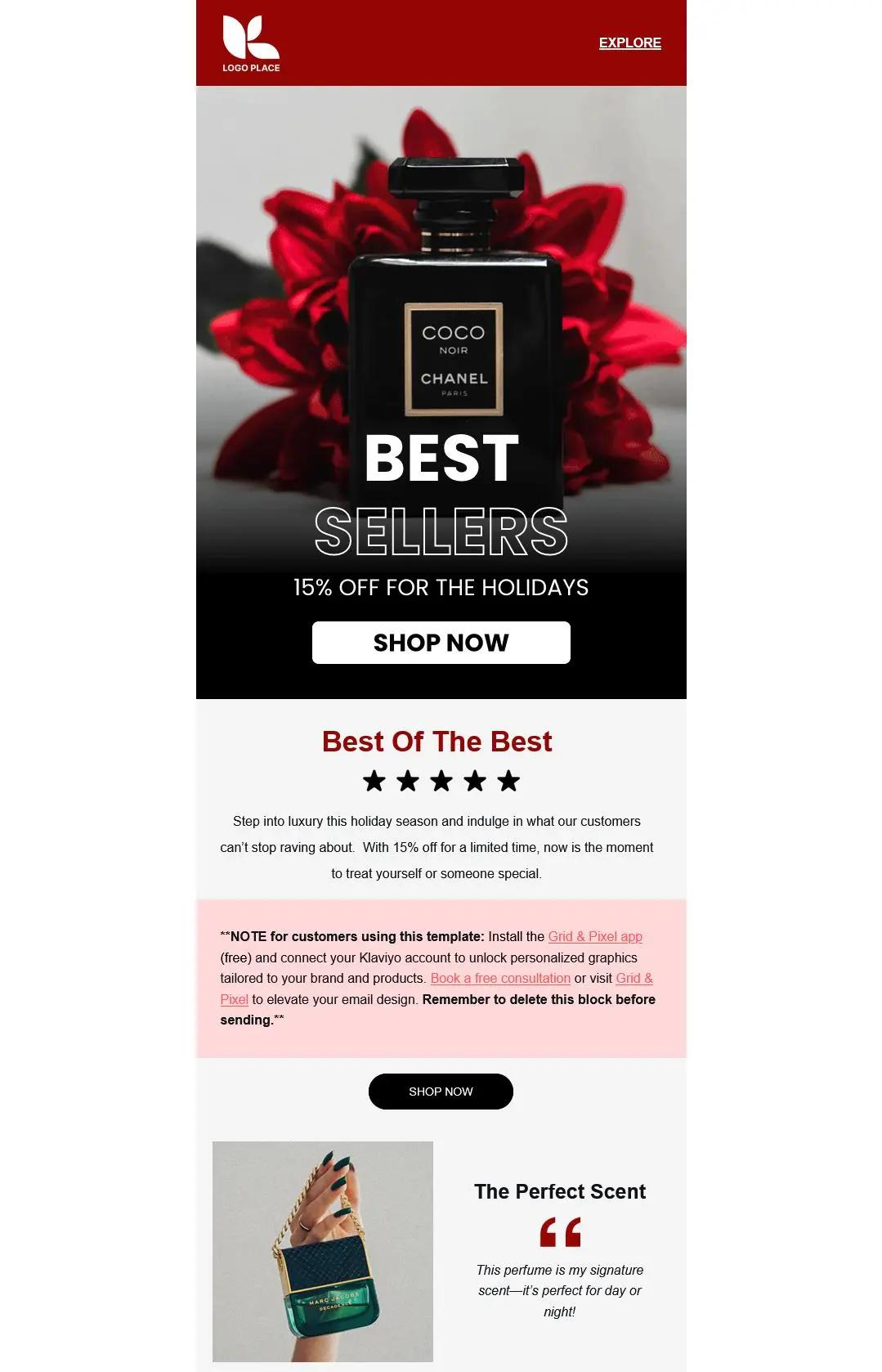 Parfümflasche vor roten Blumen mit Text "Best Sellers, 15% Off for the Holidays". Weitere Details zu Angeboten und Kundenhinweisen.