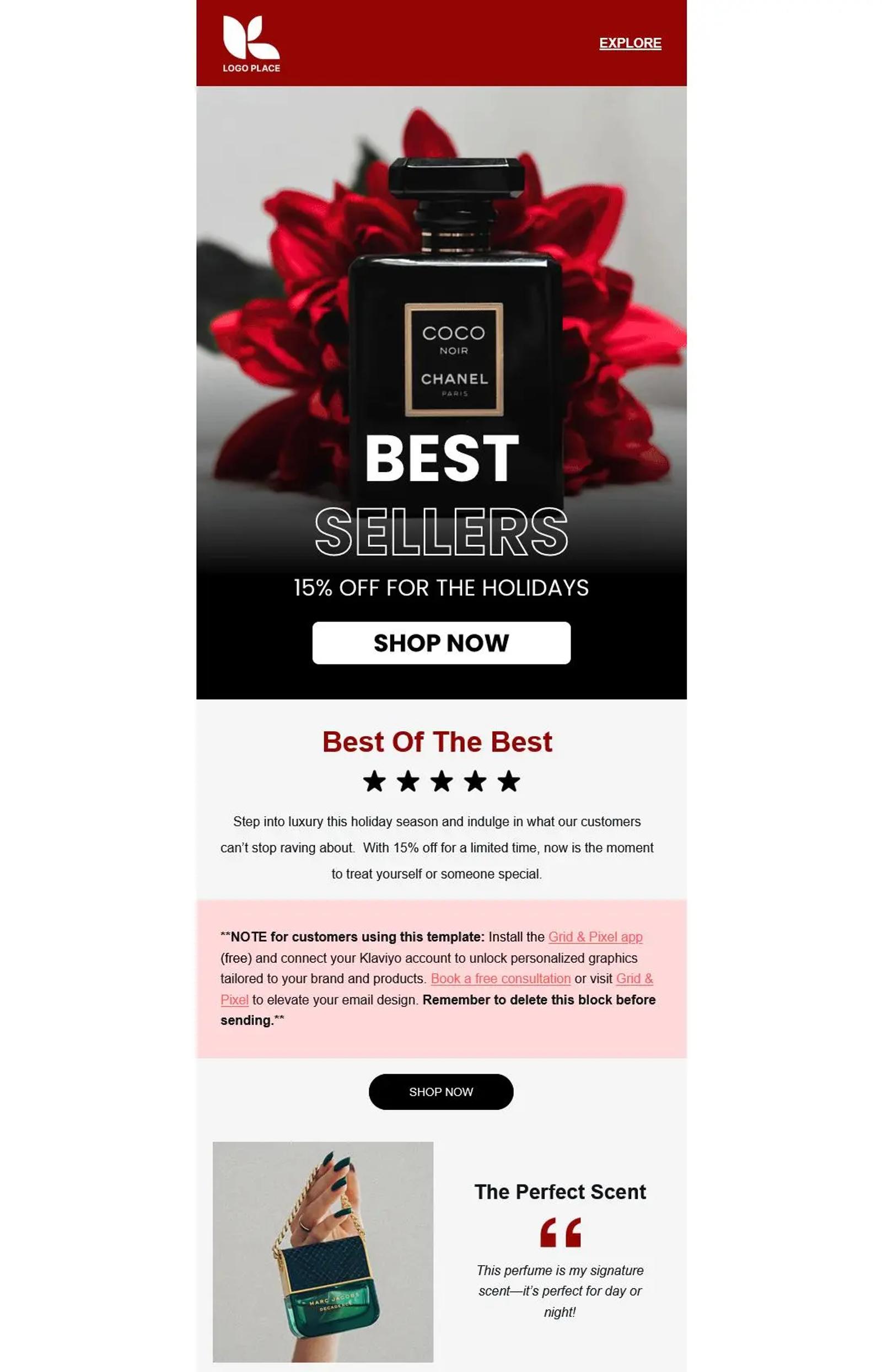 Parfümflasche vor roten Blumen mit Text "Best Sellers, 15% Off for the Holidays". Weitere Details zu Angeboten und Kundenhinweisen.