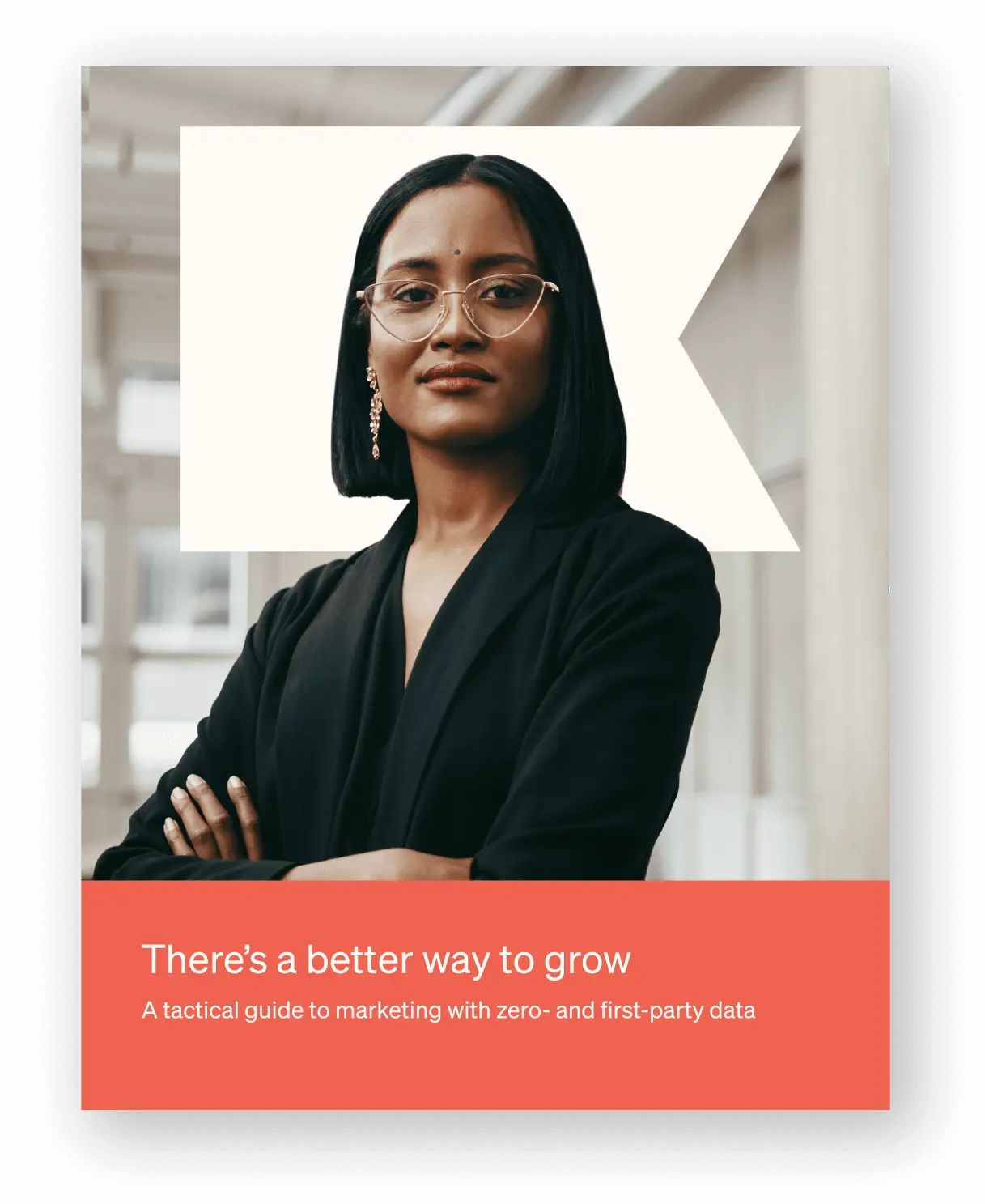 A confident businesswoman on the cover of an ebook, "A tactical guide to marketing with zero- and first-party data"