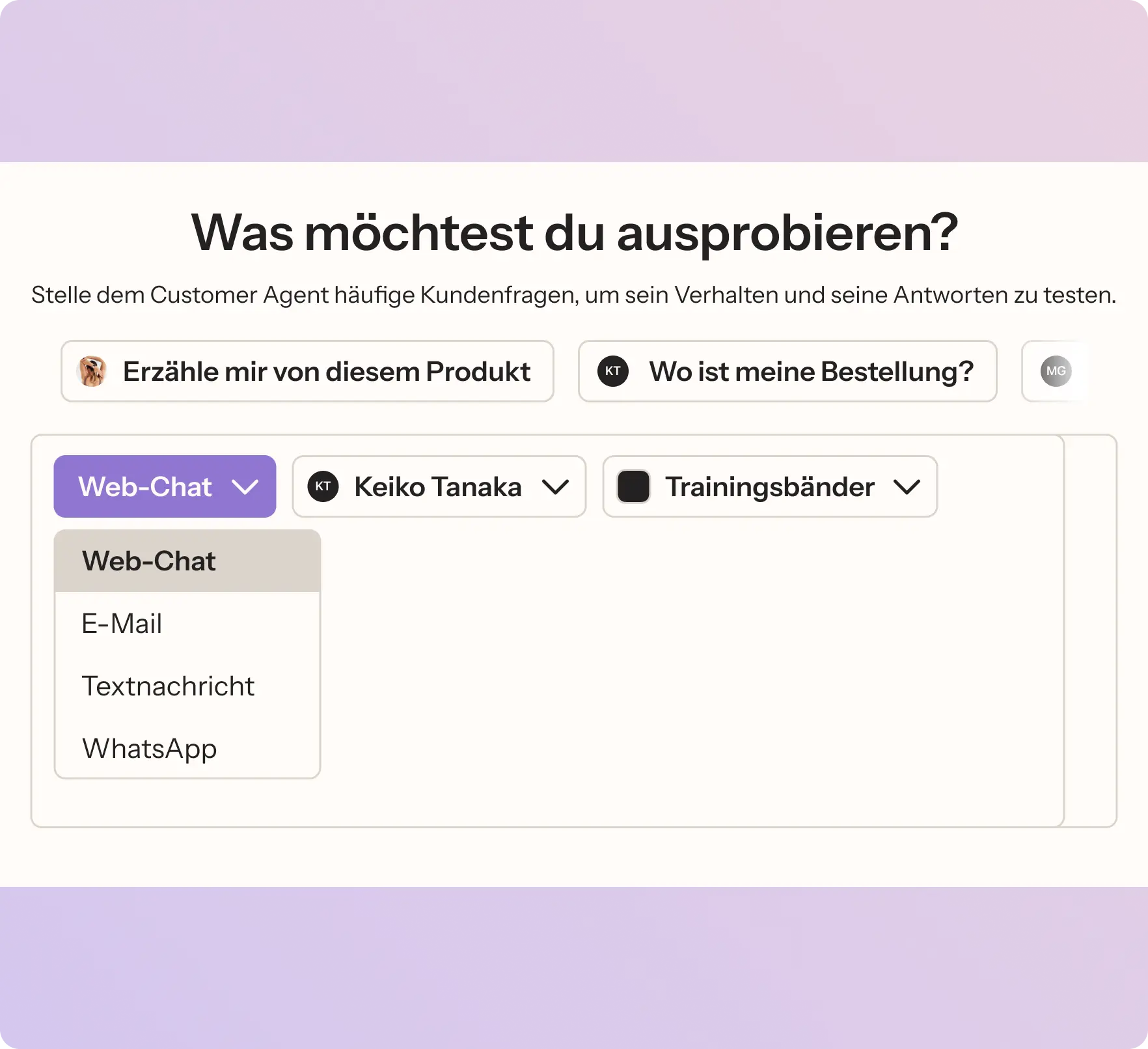 Interaktive Benutzeroberfläche mit Optionen für Web-Chat, E-Mail, Textnachricht und WhatsApp. Auswahl von Keiko Tanaka und Trainingsbänder.