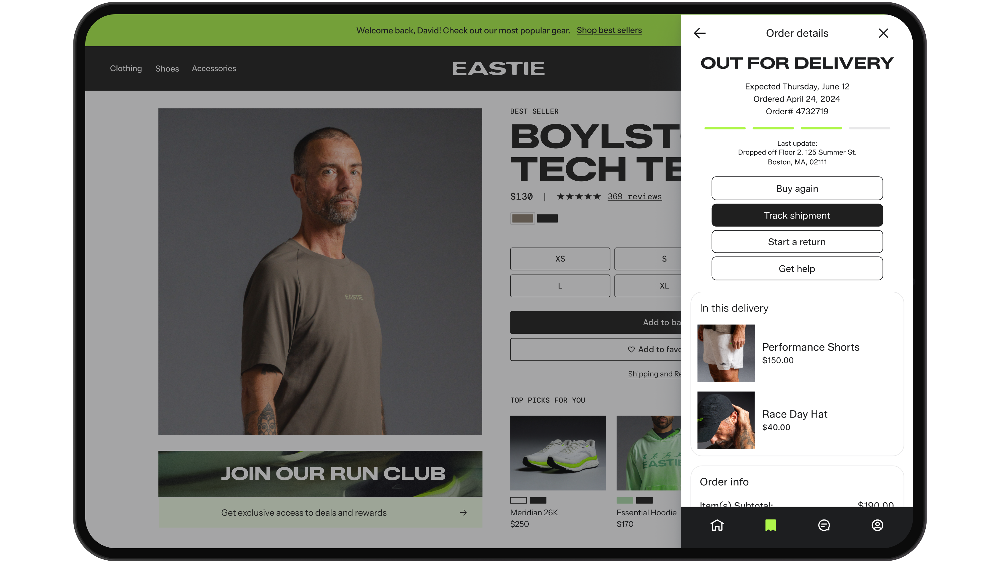 Tablet displays an athleticwear product page beside order details marked “Out for delivery.”
