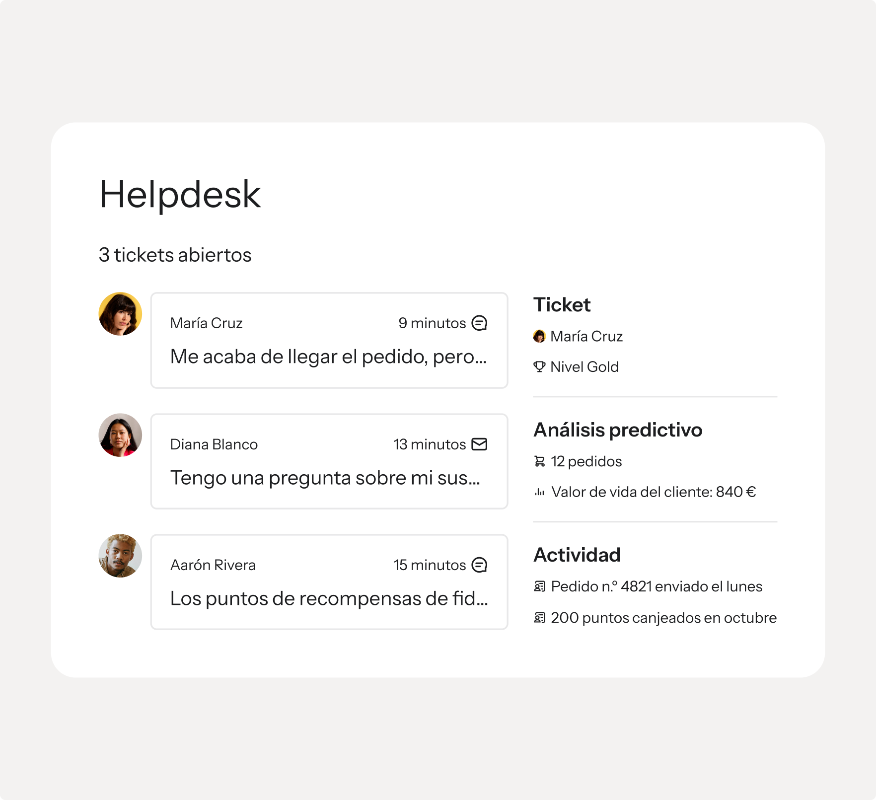 A helpdesk dashboard displaying 3 open customer support tickets and detailed customer information, including analytics and activity, for a selected ticket.