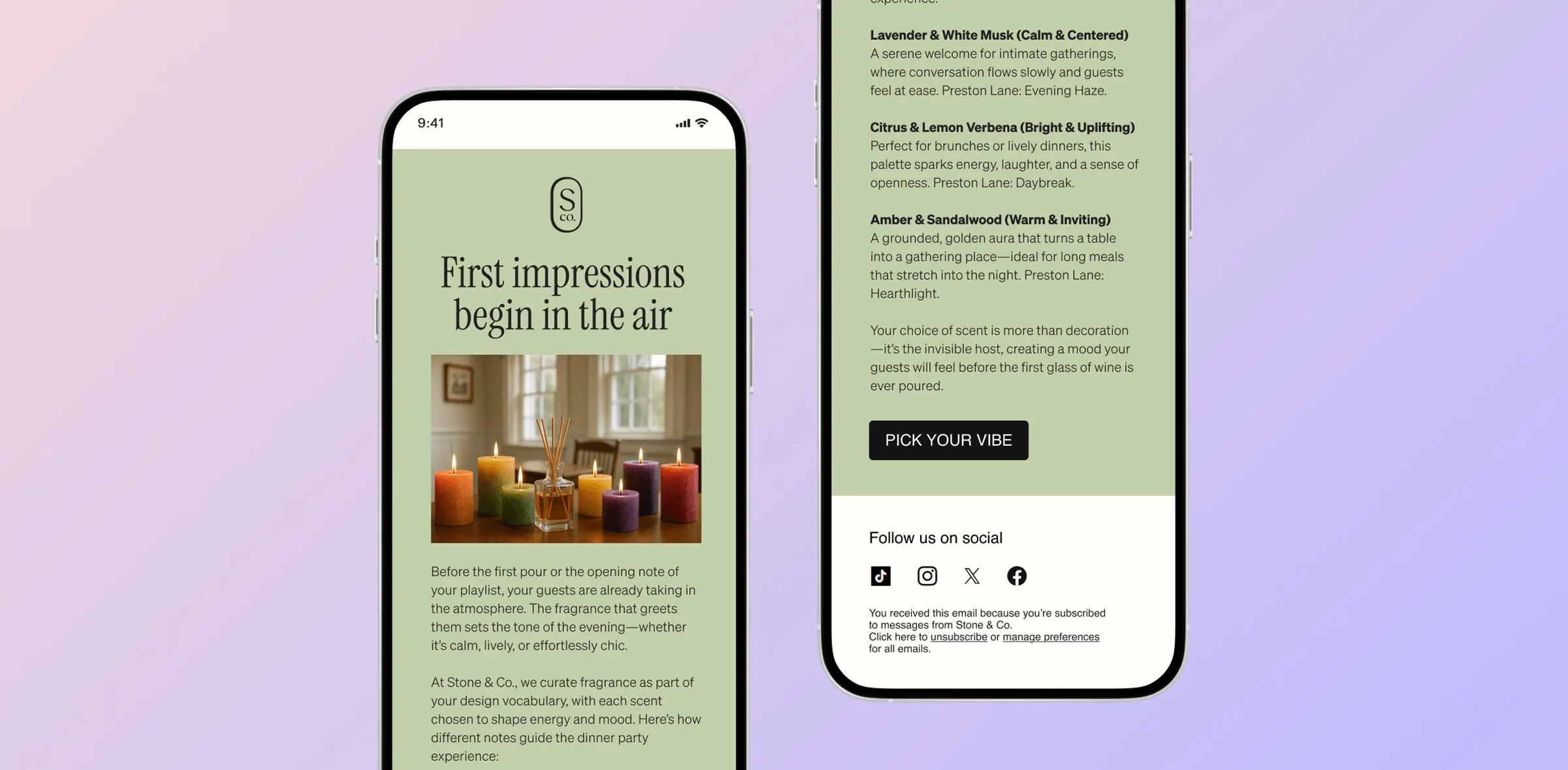 Two smartphones displaying a fragrance-themed email from Stone & Co. with scented candle images and scent descriptions.
