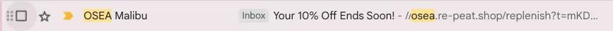 Image shows a screenshot of an email subject line from skincare brand OSEA Malibu, which reads, “Your 10% Off Ends Soon!”