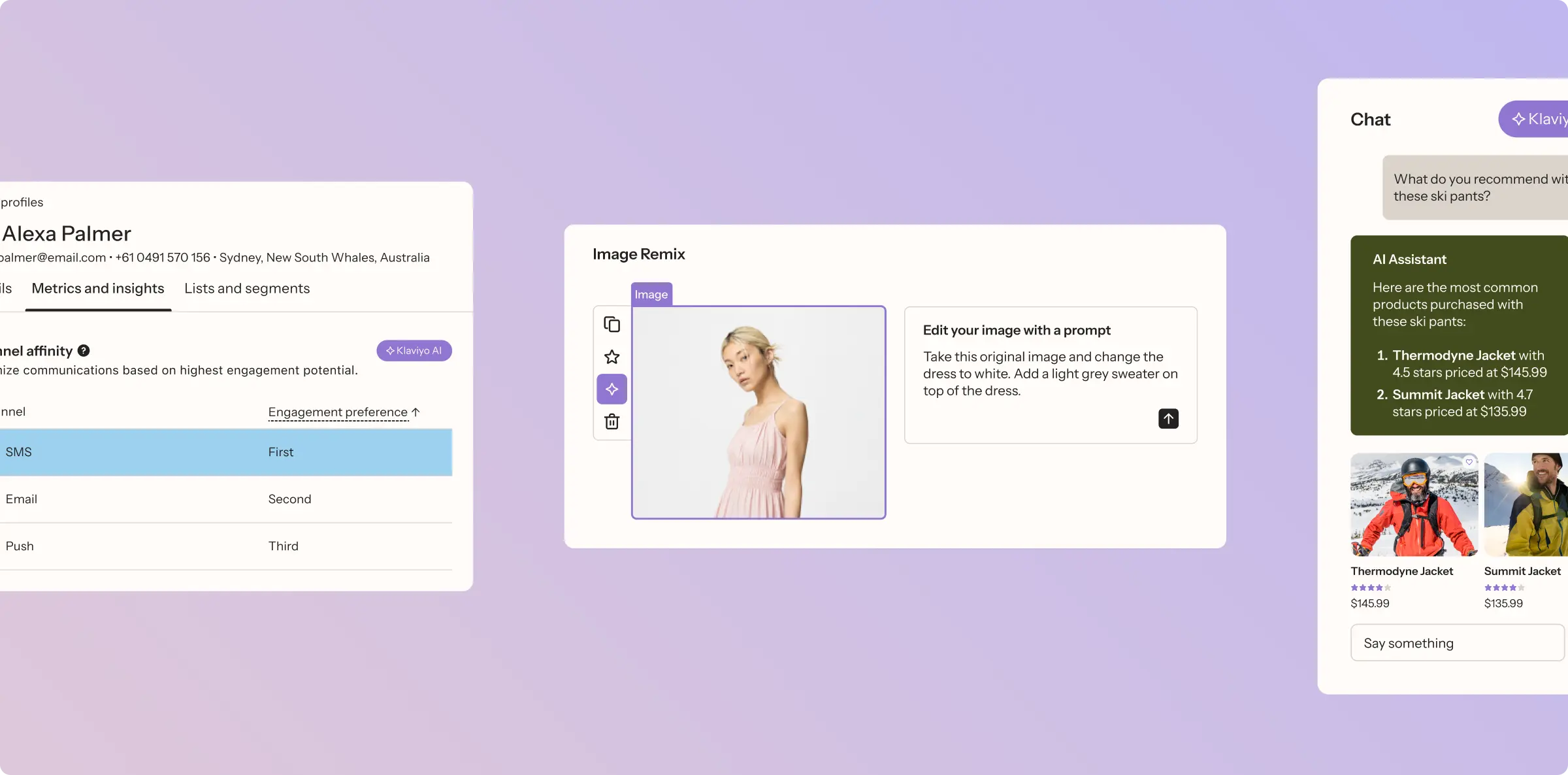 A software interface with panels for customer profiles, an AI image editor changing a woman's dress, and an AI chatbot recommending products.