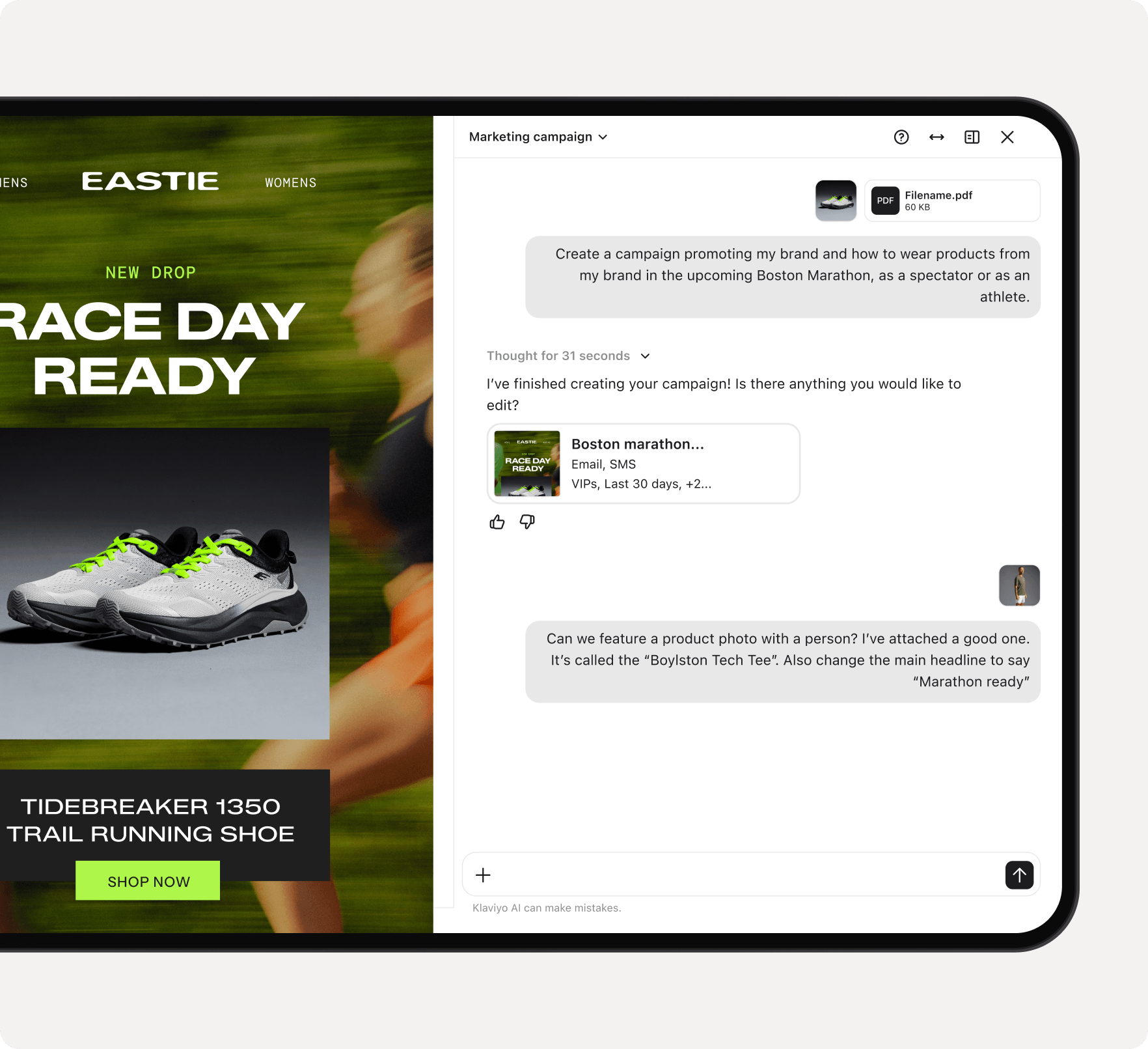 A digital screen displaying an Eastie running shoe ad next to an AI chat interface planning a Boston Marathon marketing campaign.