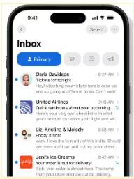 Image shows an email inbox on an iPhone with all messages that might be time-sensitive prioritized in the primary tab. The emails are from personal friends, an airline and Jeni’s Splendid Ice Creams.