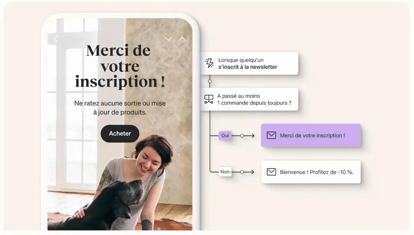 Série de mails de bienvenue avec un message de remerciement pour l'inscription à une newsletter et un flux de décision.