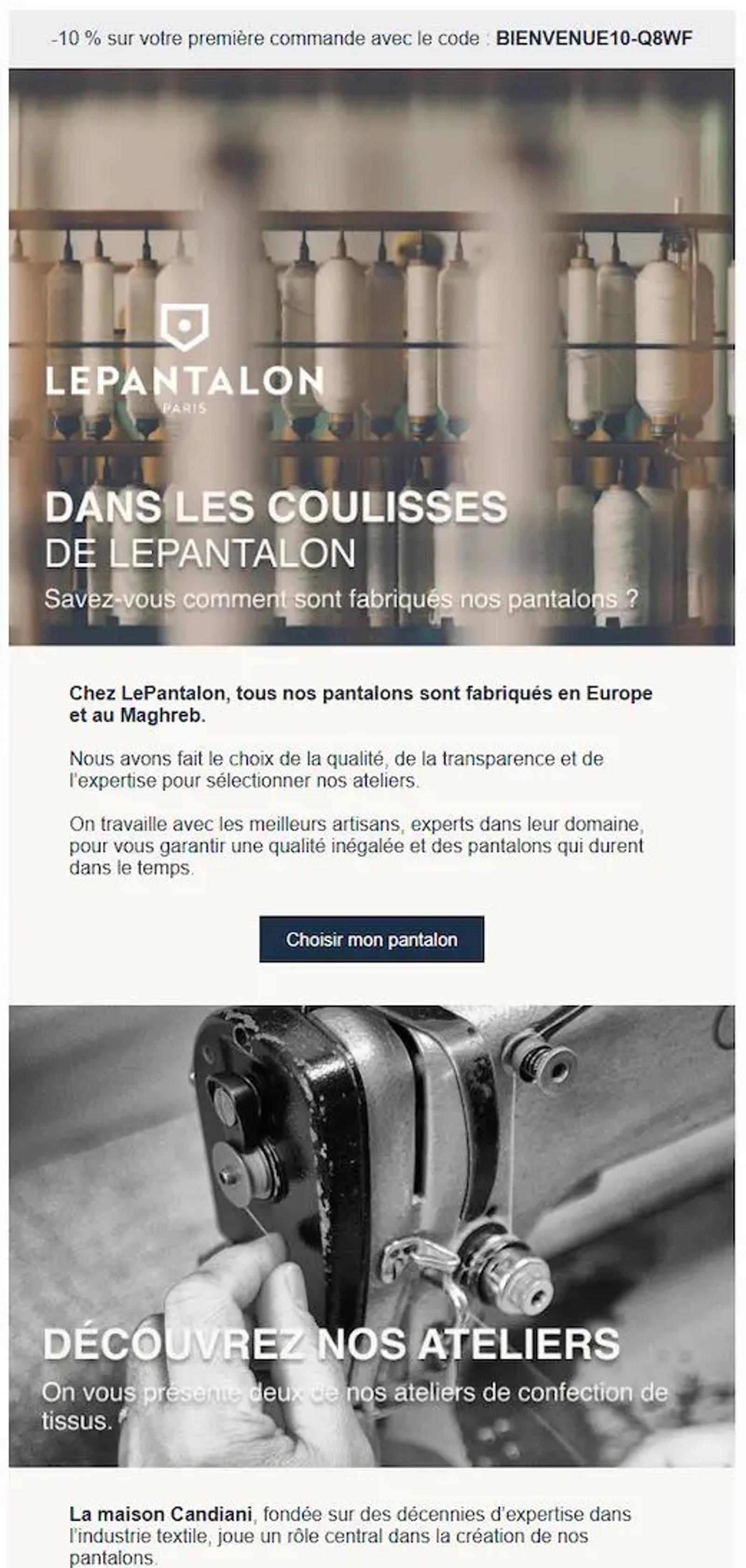Email promotionnel de LePantalon montrant des bobines de fil et une machine à coudre, avec texte sur la fabrication des pantalons.