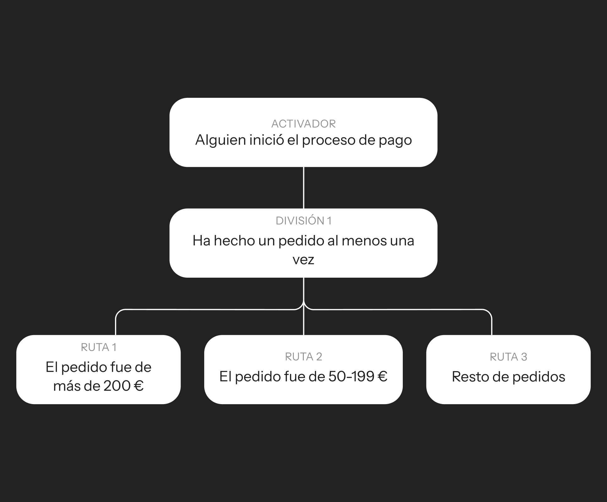 Flowchart showing customer segmentation based on payment initiation and order value: over 200€, 50-199€, or other orders.