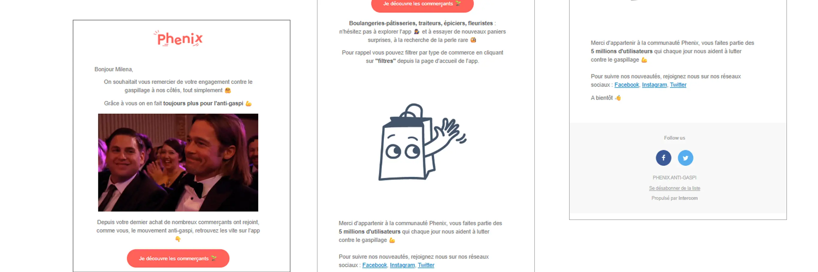 Email de remerciement de Phenix avec texte sur l'engagement anti-gaspillage, photo de personnes en costume, et icône de sac souriant.