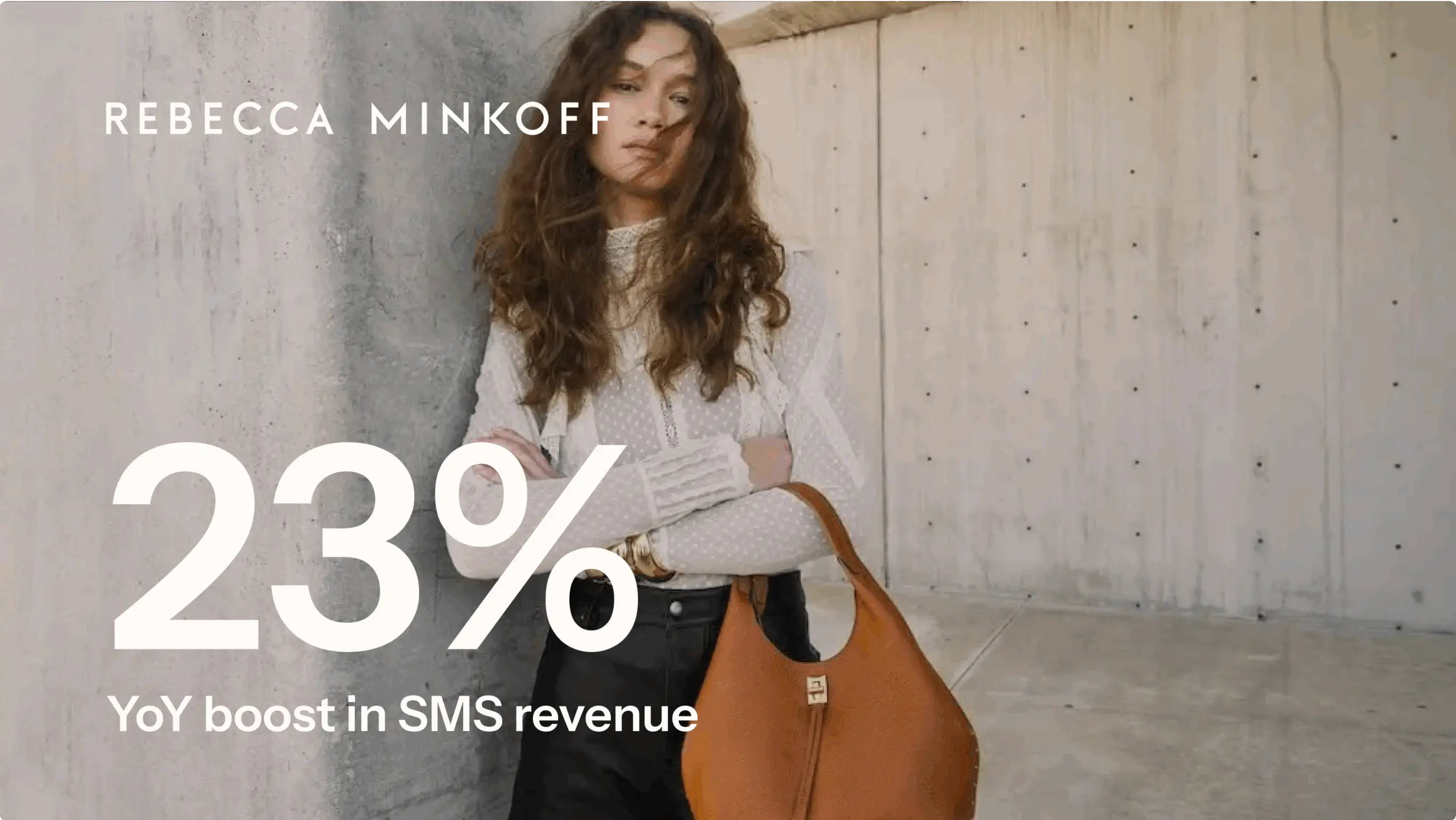 Woman in a white blouse holding a brown handbag, with text "Rebecca Minkoff" and "23% YoY boost in SMS revenue".