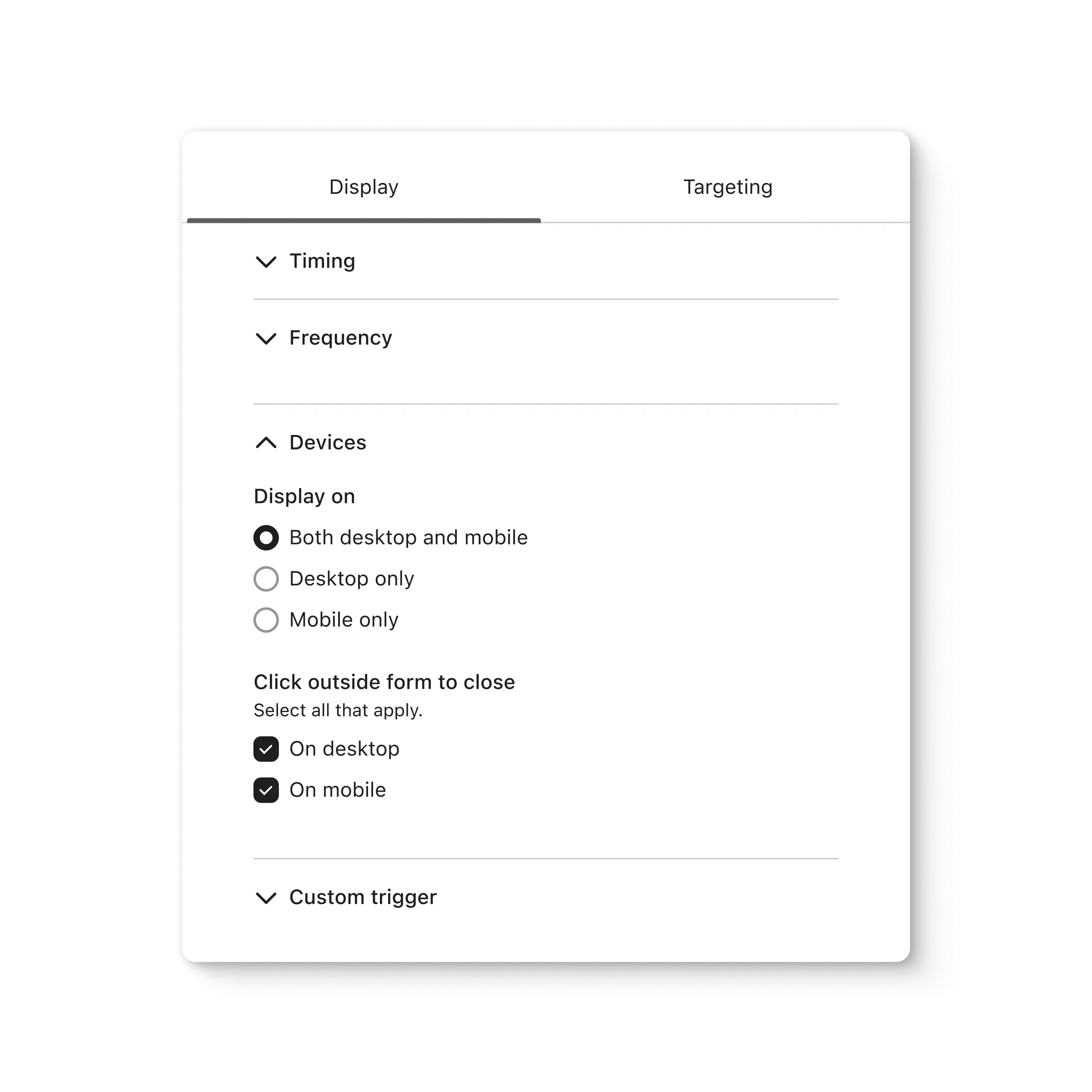 Klaviyo screen showing device selection options for displaying forms.