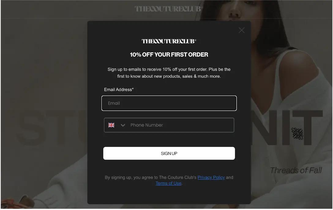 Signup form for The Couture Club offering 10% off first order. Fields for email and phone number with a signup button.
