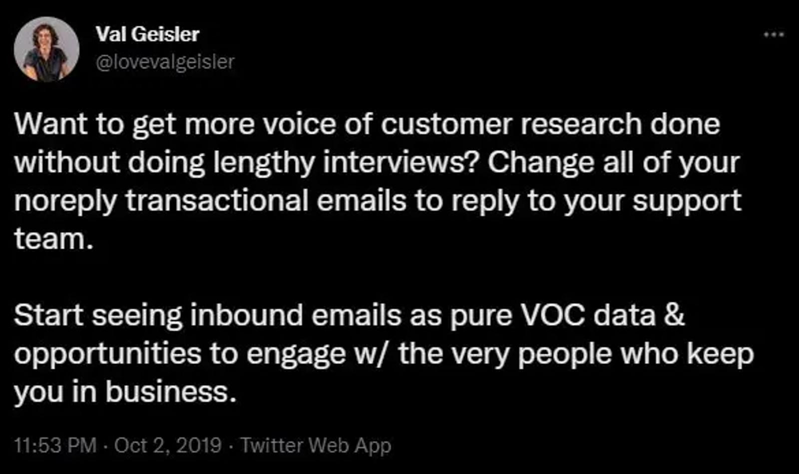 Image shows a tweet with suggestions on how ecommerce businesses can address a customer’s follow-up questions after their purchase.