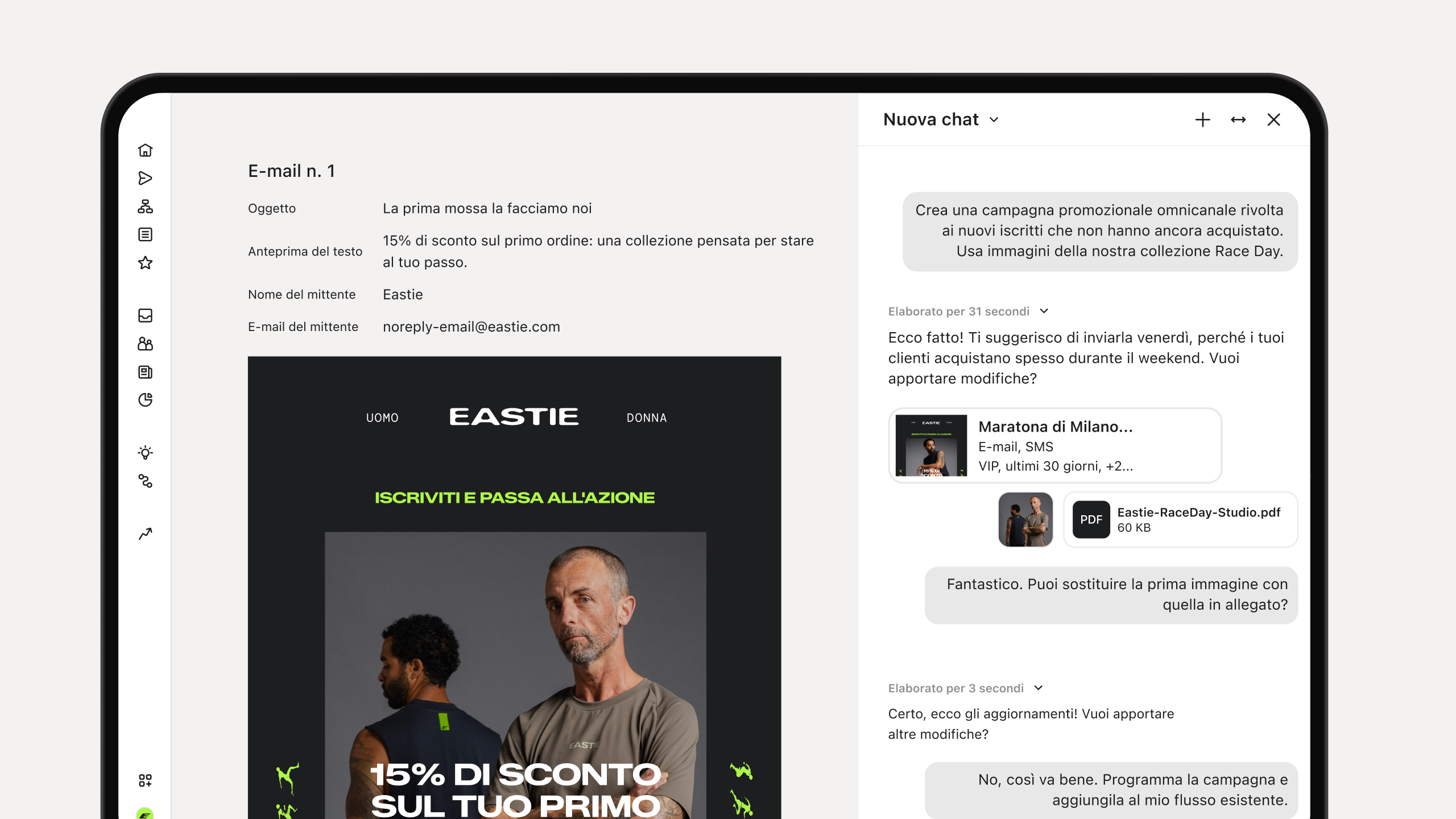 Una piattaforma di marketing che mostra l'anteprima di un'e-mail di abbigliamento sportivo accanto a una chat di IA che programma una campagna promozionale.