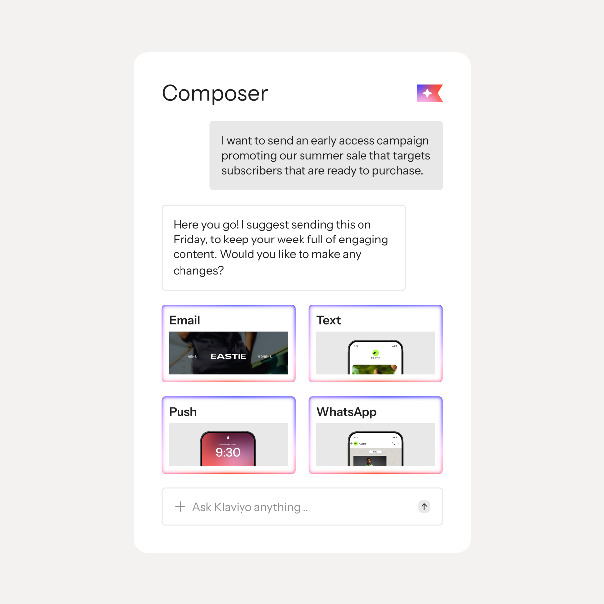 AI campaign composer suggests Friday delivery and previews email, text, push, and WhatsApp content.
