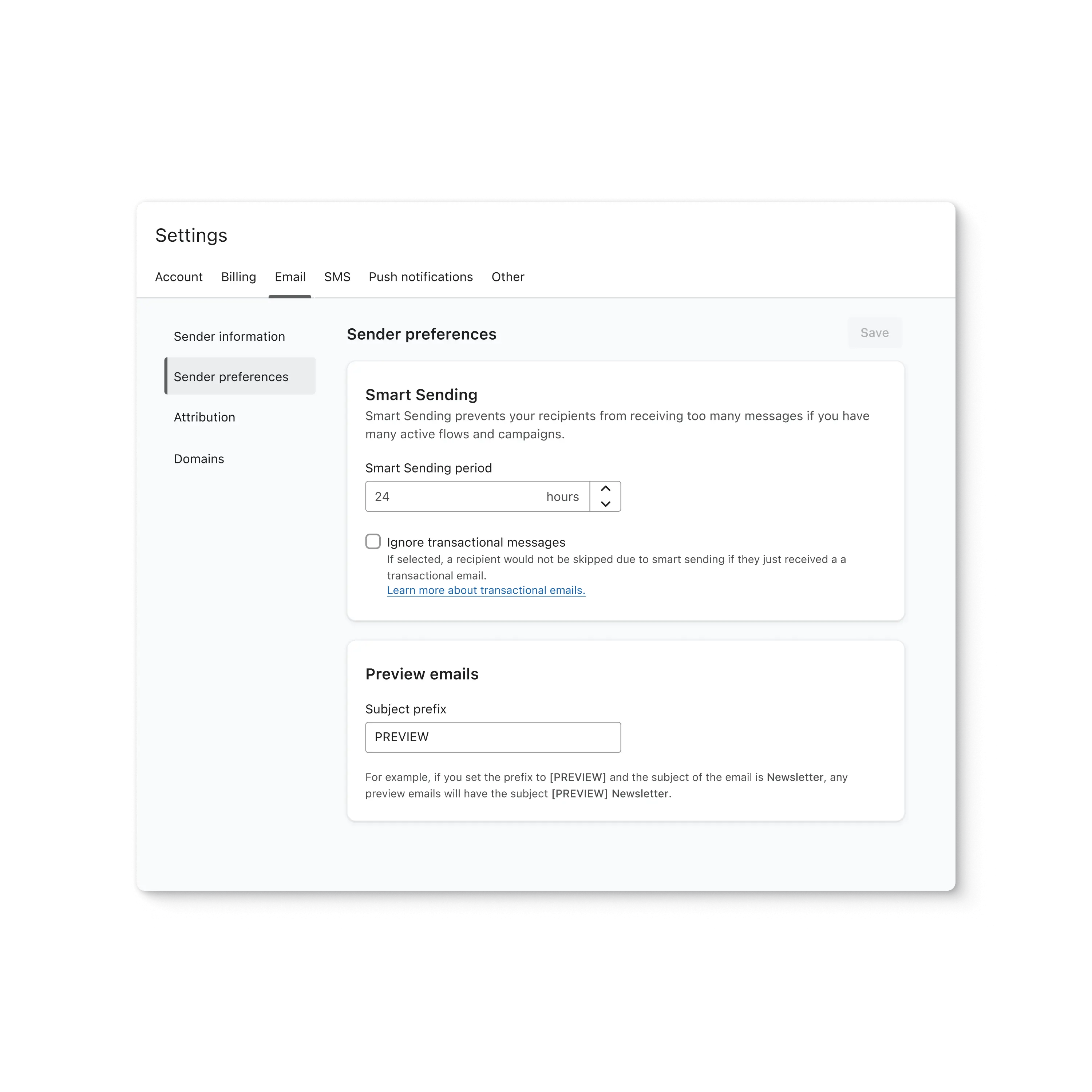 Sender preferences screen in Klaviyo, with options to adjust your smart sending period, and the subject line prefix for preview emails.