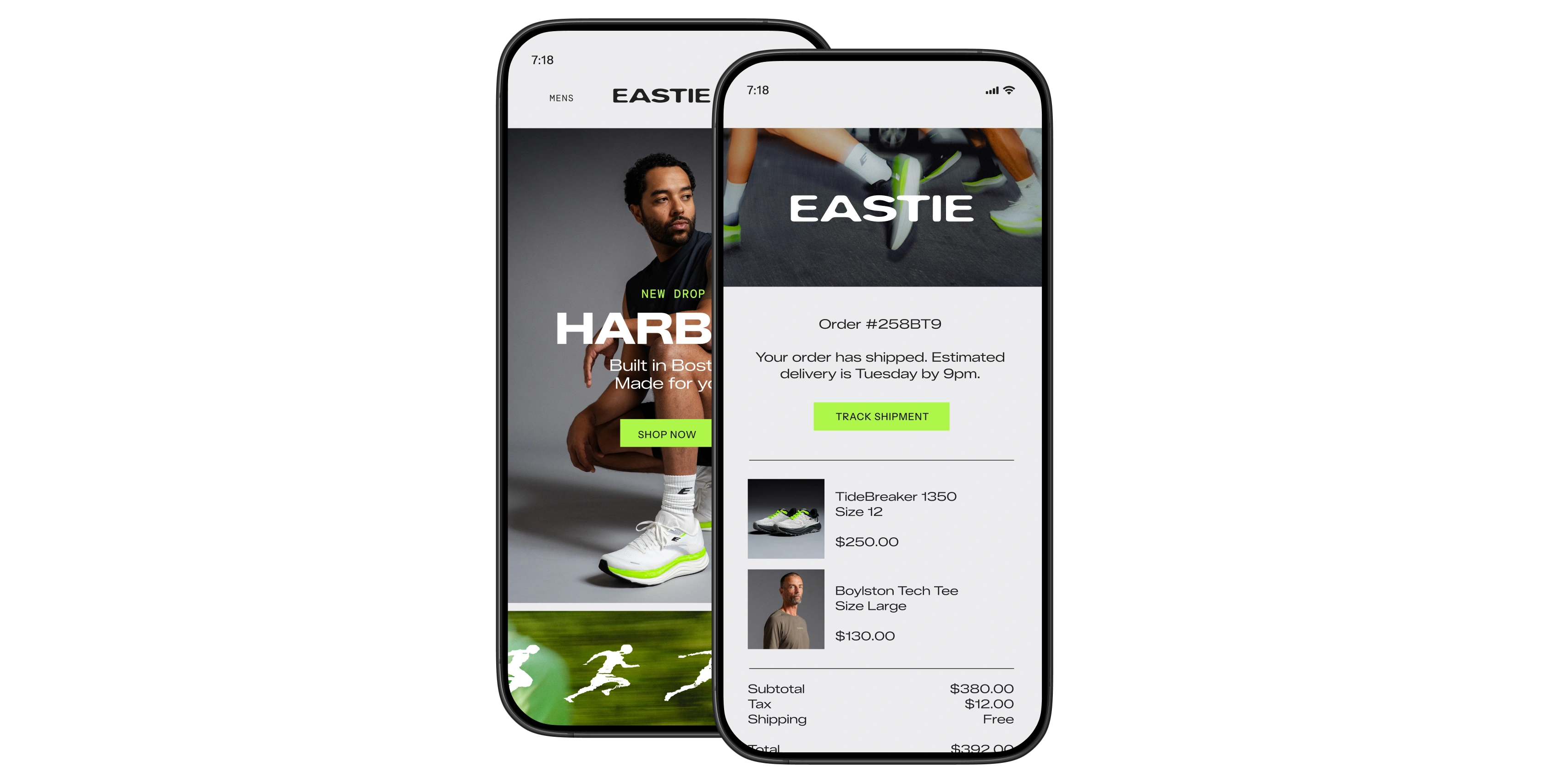 Two smartphones display Eastie sportswear shopping and order shipment tracking screens.