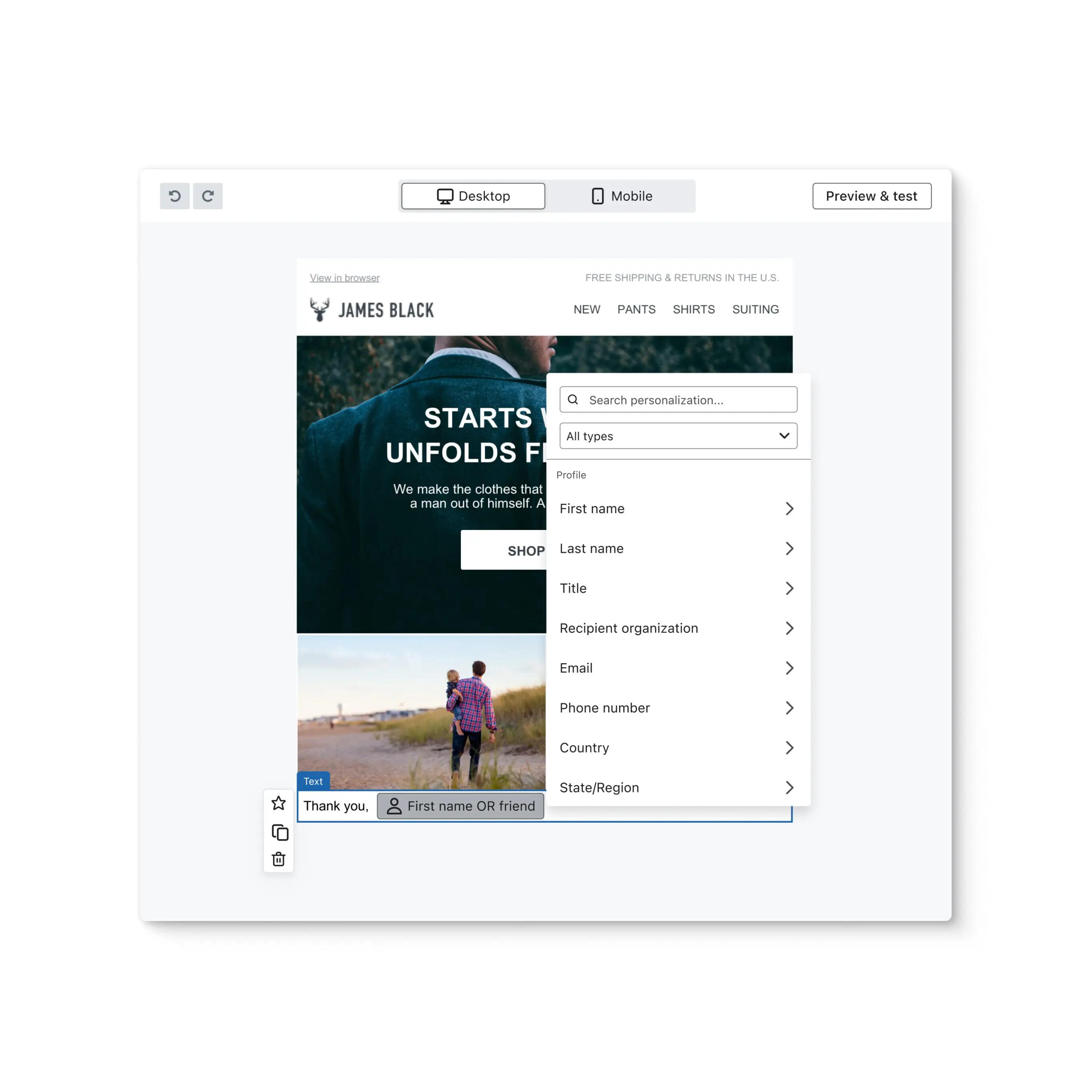 Klaviyo screen showing a form being built with personalisation options being displayed for the form text.