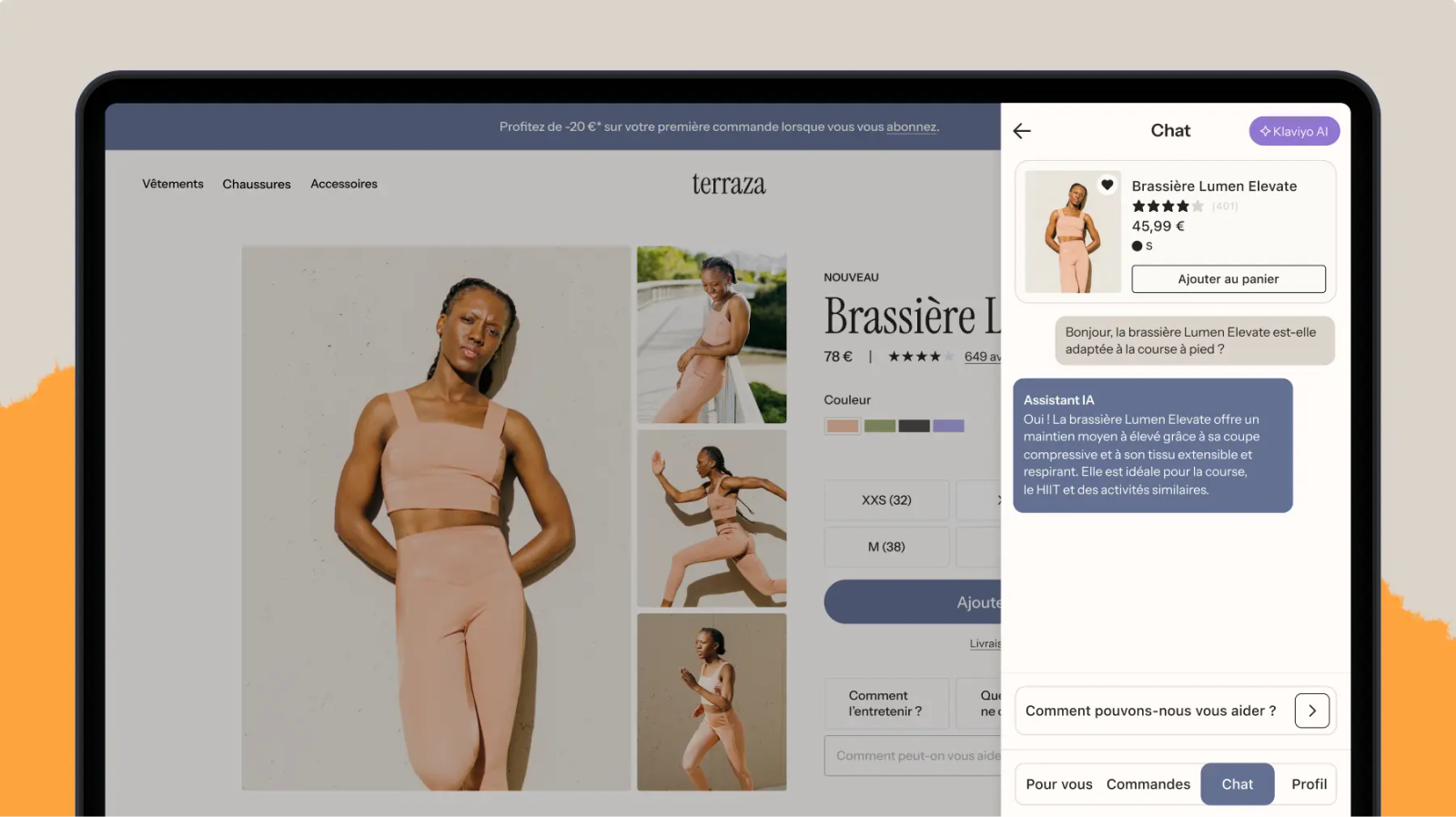 Page produit en ligne pour une brassière de sport "Lumen Elevate" avec chat d'assistance IA affichant une conversation sur ses caractéristiques.