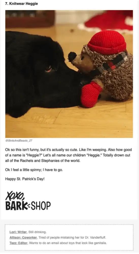 Image shows the end of the list of toys mentioned in the first image: 7th on the list is the “knitwear heggie,” with a close-up photo of the writer’s dog in profile, gazing at the stuffed hedgehog in question. Underneath the photo, the copy reads, “OK so this isn’t funny, but it’s actually so cute. Like I’m weeping. Also how good of a name is ‘Heggie’? OK I feel a little spinny; I have to go. Happy St. Patrick’s Day! XOXO, BarkShop.”