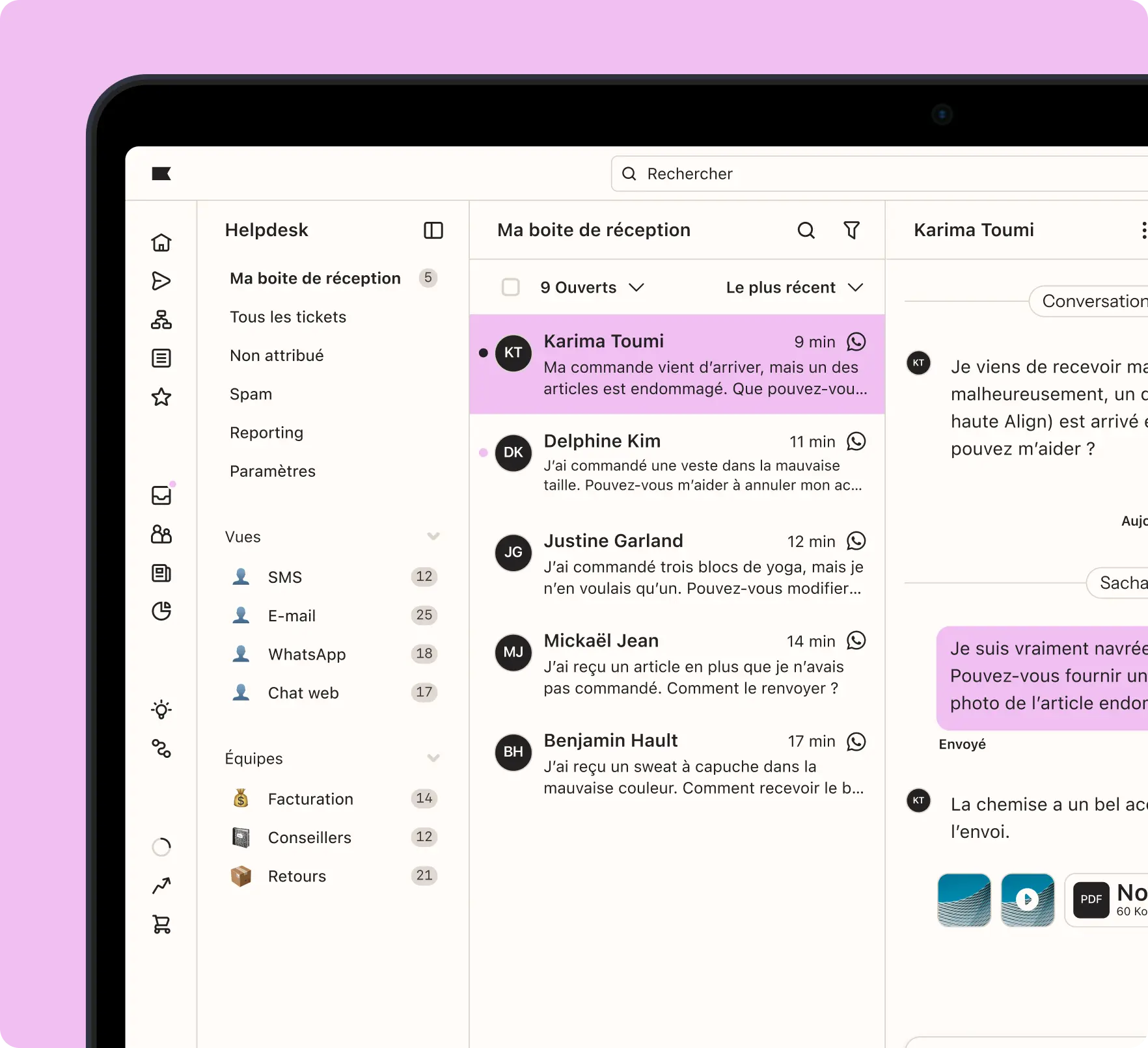 Interface d'une application de gestion de tickets avec une boîte de réception affichant des messages de clients concernant des commandes.