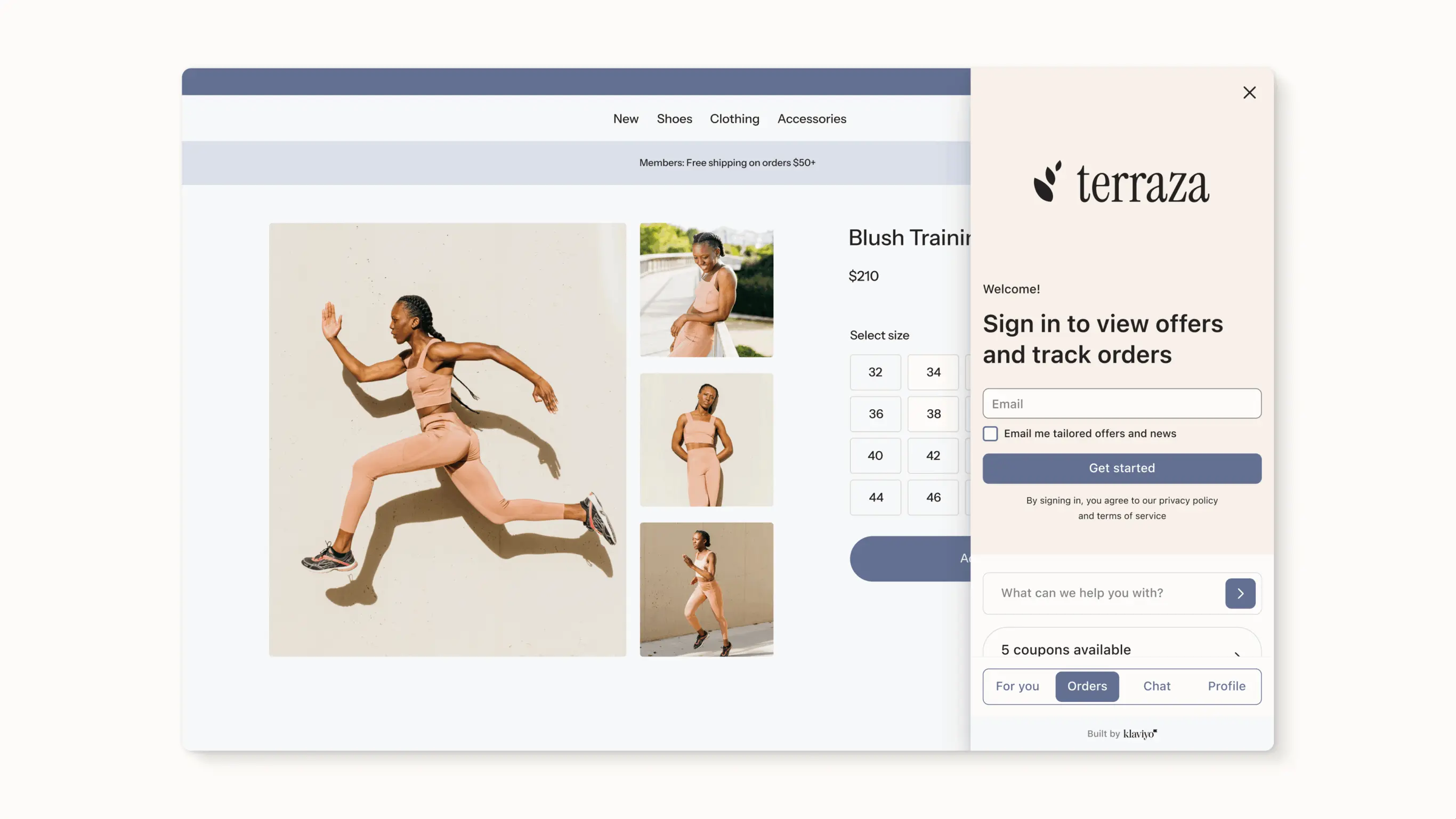 Online store page displaying "Blush Training Set" for $210 with size options. Sidebar shows "terraza" sign-in form.