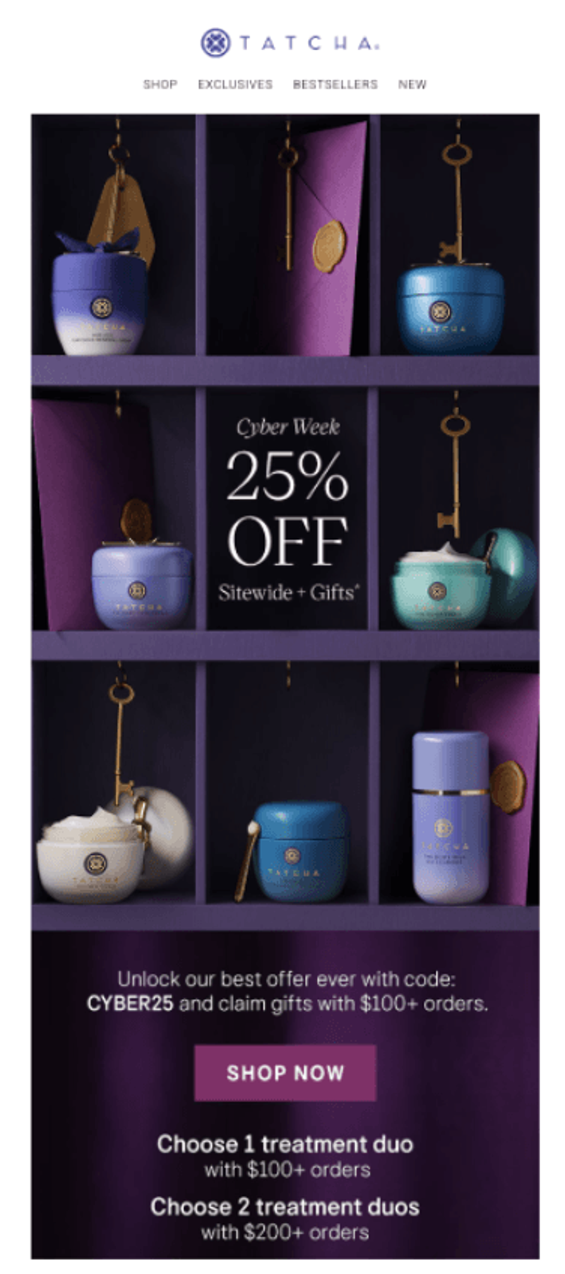 Tatcha Cyber Week sale: 25% off sitewide and gifts, featuring skincare products displayed in purple shelves.