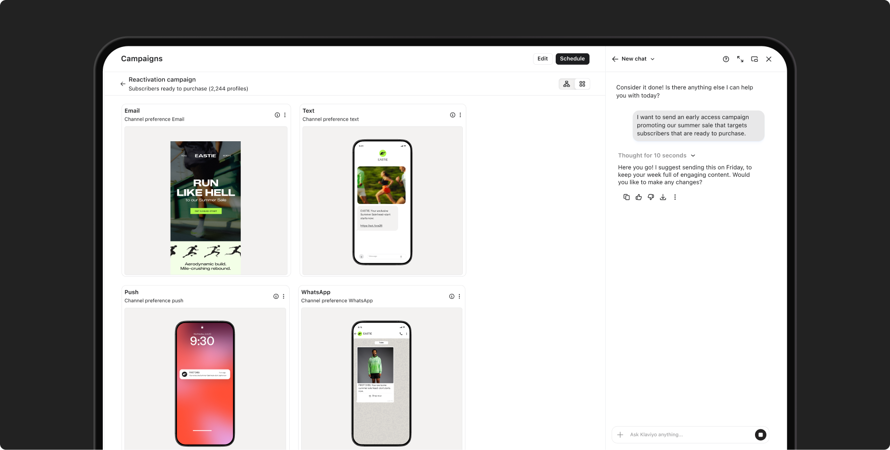 A digital marketing dashboard showing campaign previews for email, text, push, and WhatsApp, with an AI chat assistant suggesting campaign strategies.