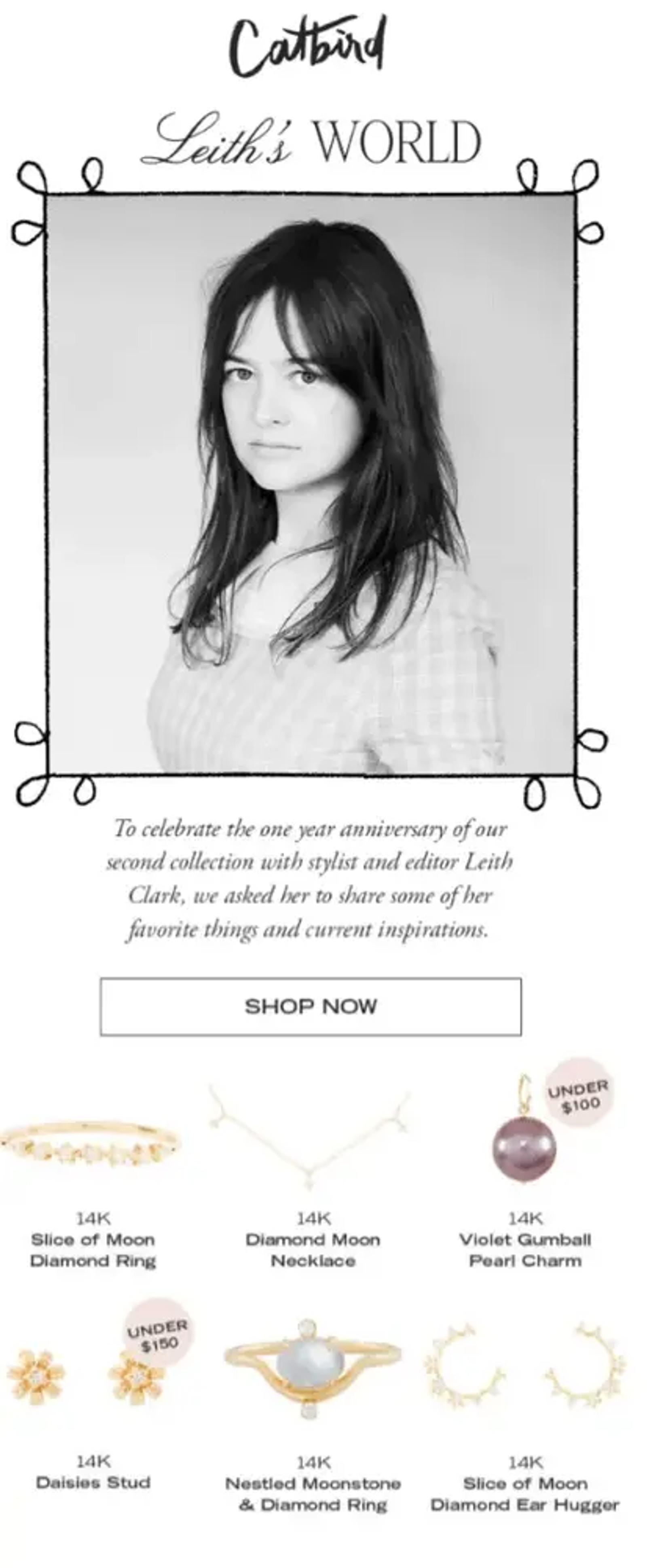 A black-and-white photo of a light-skinned person with dark hair looking at the camera is framed in black. Underneath are 6 product shots of gold jewelry in two rows, including a necklace, some rings, and earrings.