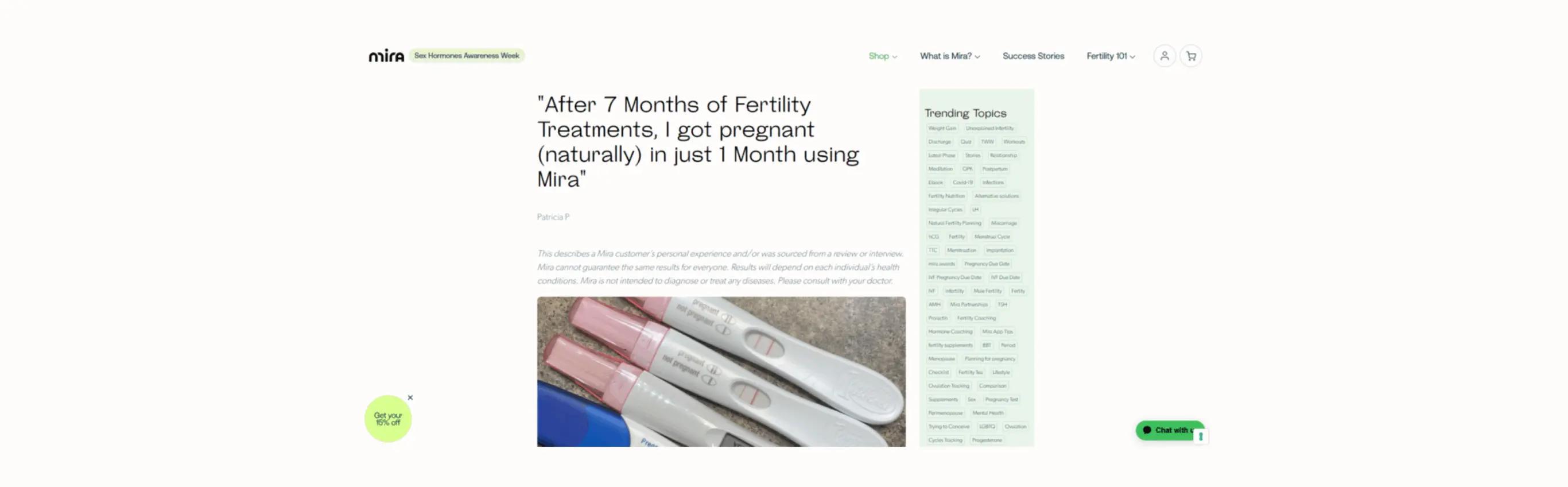 Website screenshot featuring a testimonial about Mira's fertility product success, with pregnancy tests shown below.