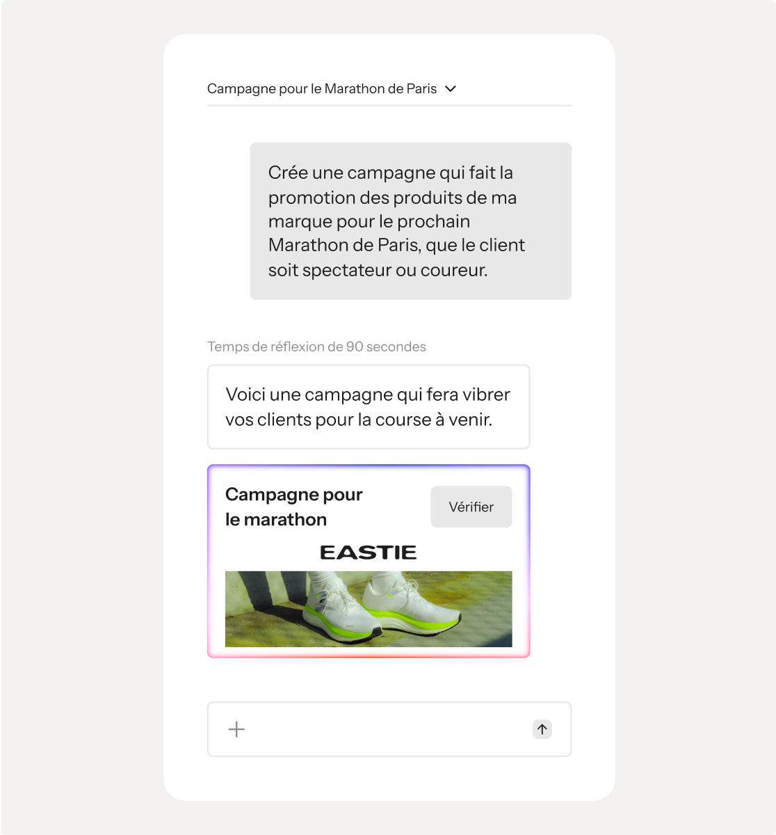 A user interface displays a prompt for a Paris Marathon campaign, a generated text response, and an ad preview featuring Eastie running shoes.