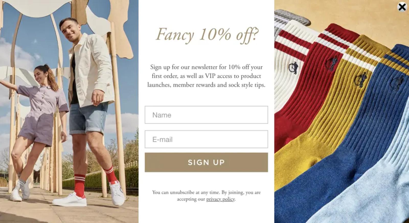 London Sock Company's welcome popup that features two images of socks and a 10% discount.