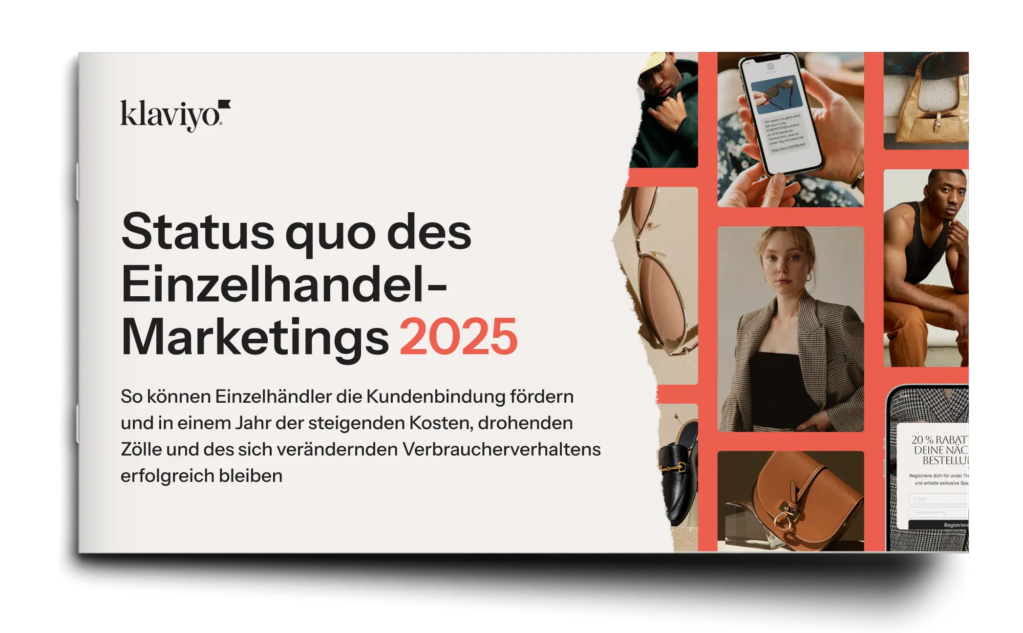 Klaviyo-Logo und Text: "Status quo des Einzelhandel-Marketings 2025". Bilder von Modeartikeln und Personen.