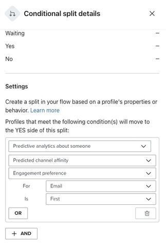 A "Conditional split details" modal showing criteria to split a user flow, including 'Predictive analytics', 'Predicted channel affinity', and 'Engagement preference for Email is First'.