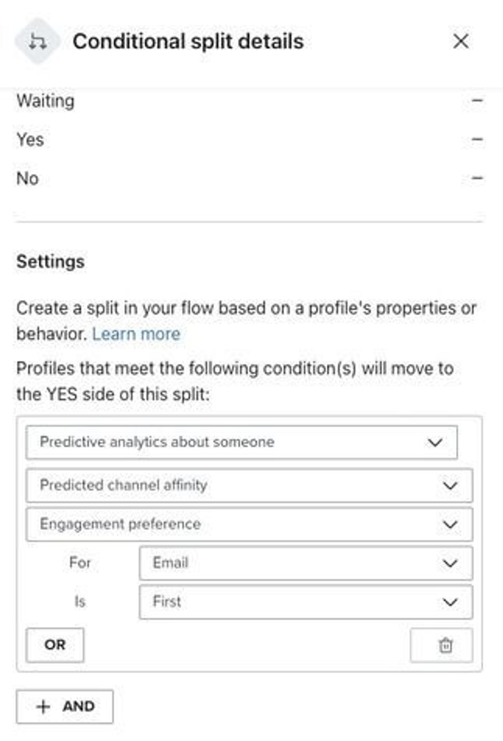 A "Conditional split details" modal showing criteria to split a user flow, including 'Predictive analytics', 'Predicted channel affinity', and 'Engagement preference for Email is First'.