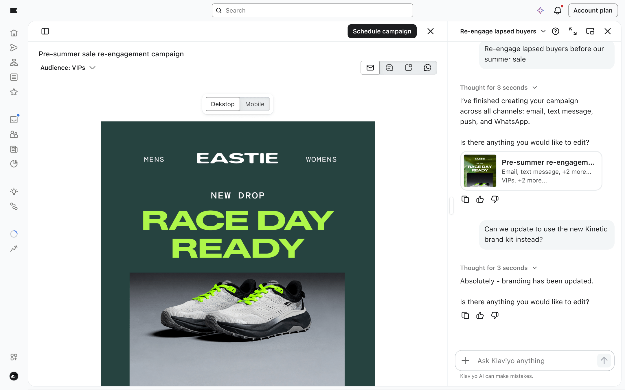 Email for Eastie’s "New Drop" titled "Race Day Ready." The image features a pair of grey and black trail running shoes with vibrant neon green laces set against a dark forest green background.
