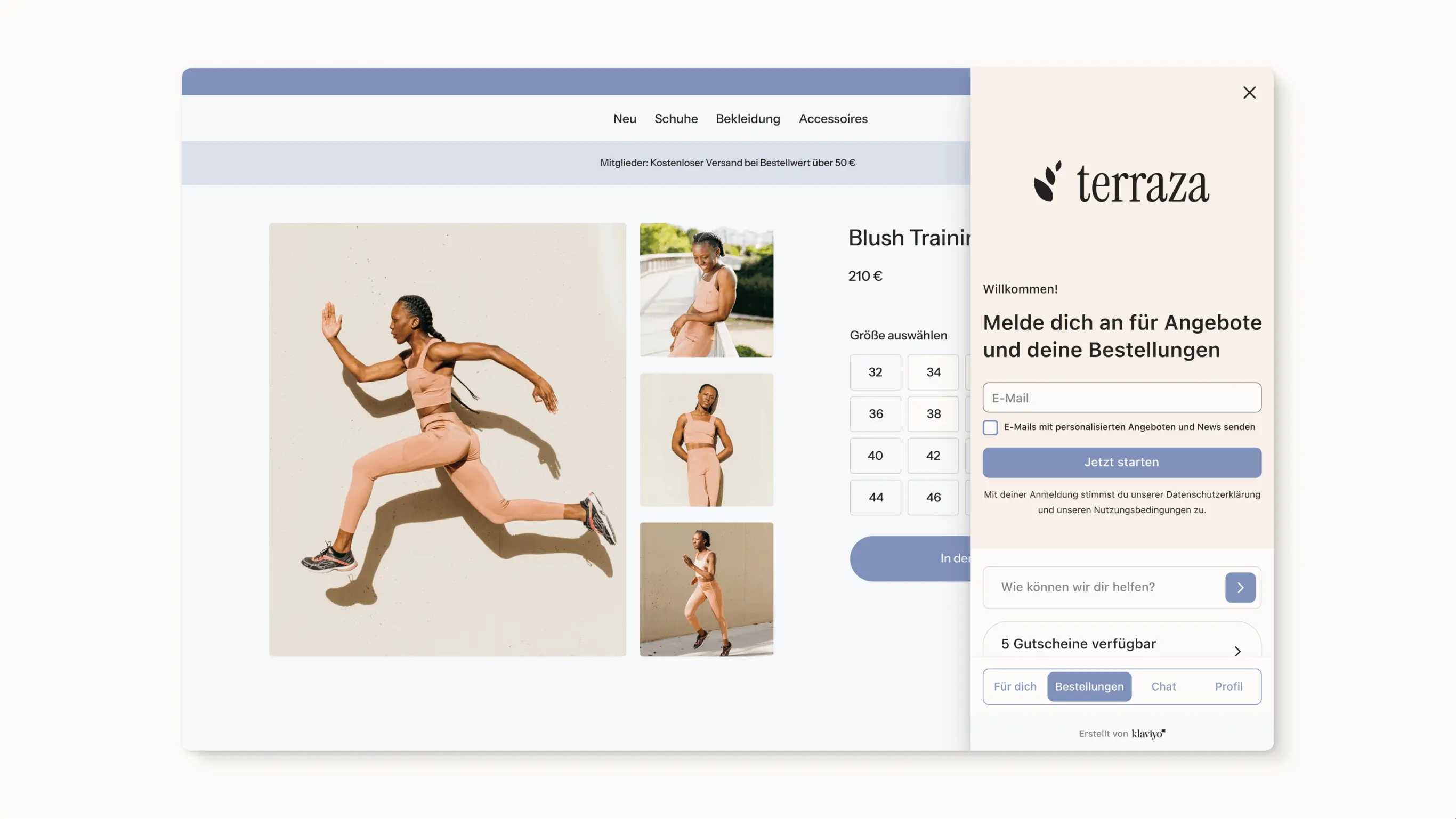 Customer Hub mit eingehenden Bestellungen, Gutscheinen, empfohlenen Produkten und einem Shopify-Shop-Erlebnis