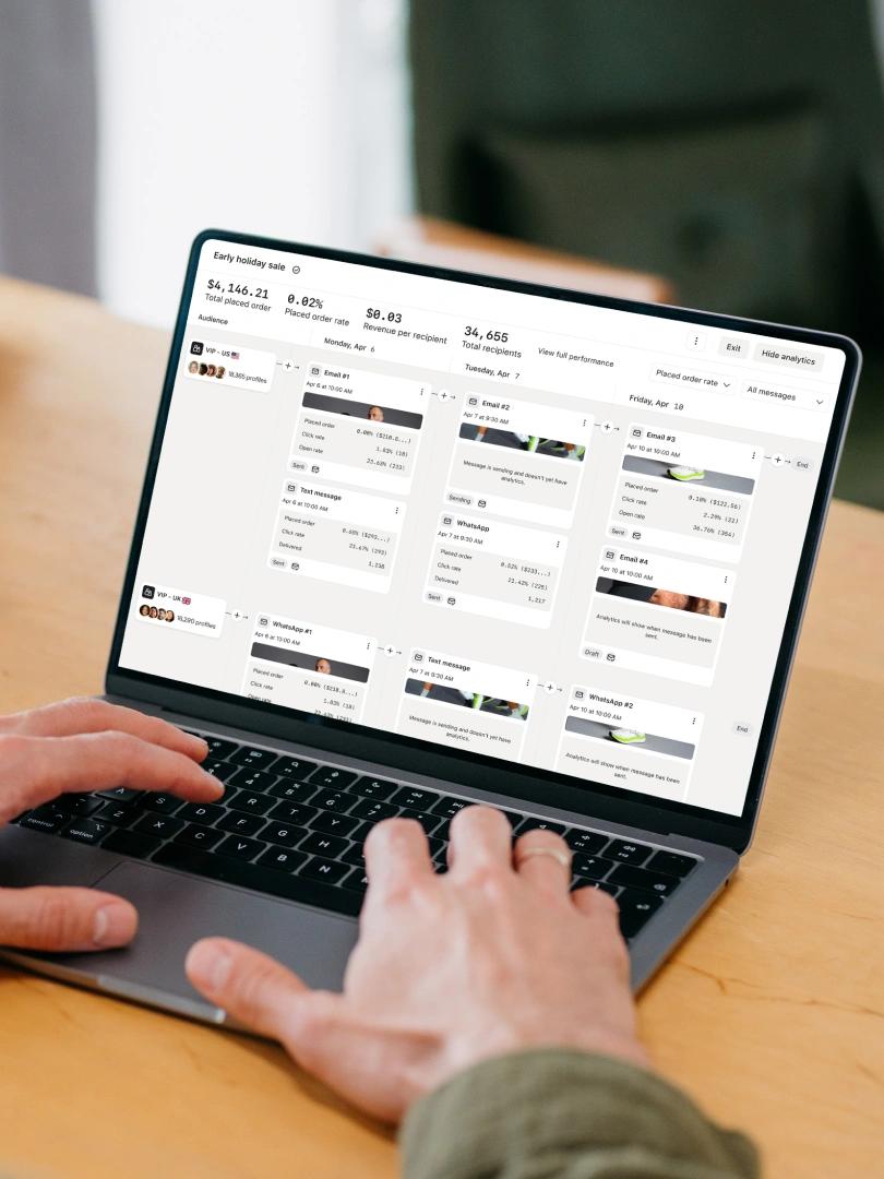 Person using a laptop displaying an email and messaging campaign analytics dashboard