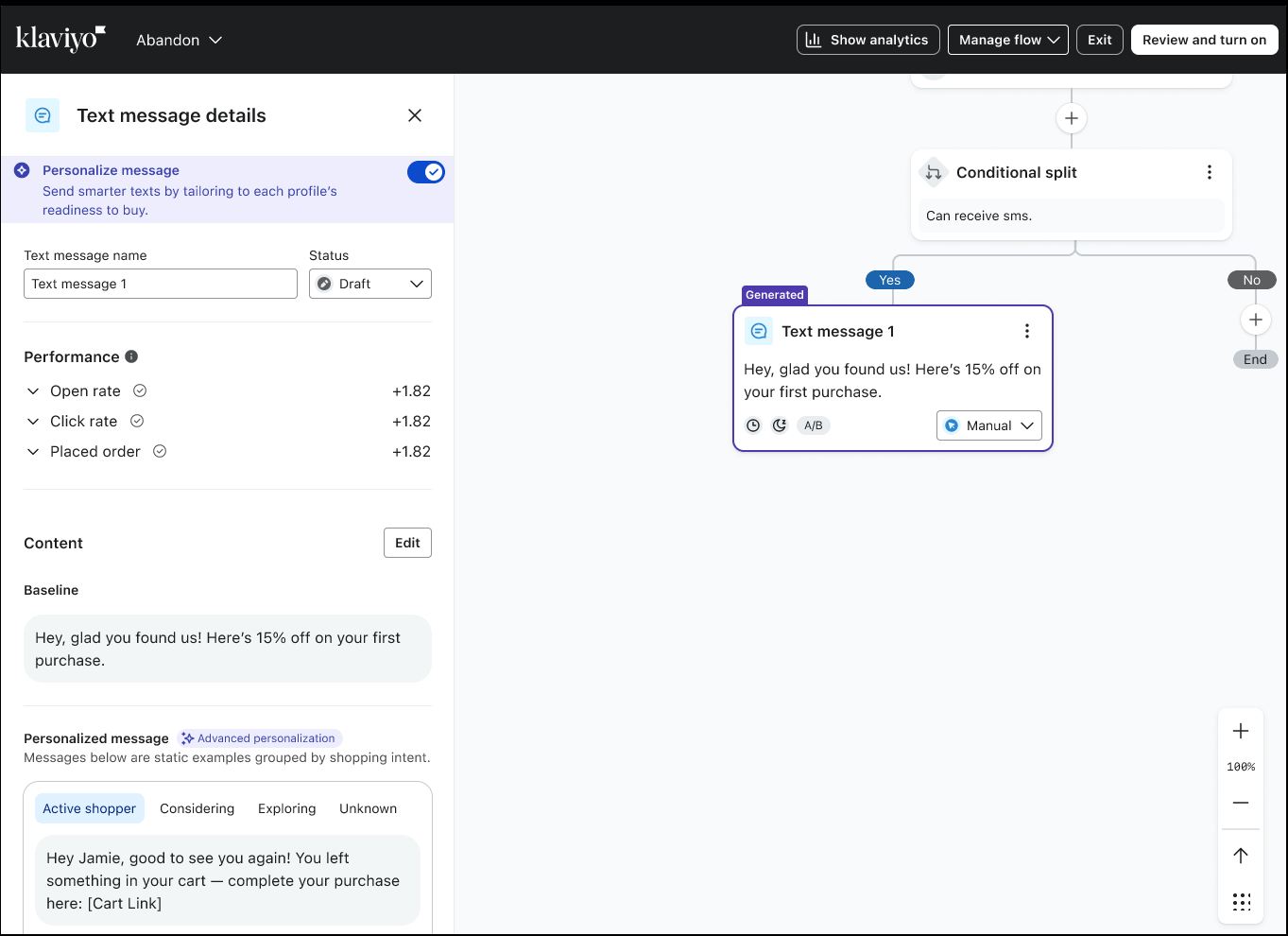 Klaviyo interface displaying text message details, personalization options, performance metrics, and the message content "Hey, glad you found us! Here's 15% off on your first purchase," within a marketing automation flow.
