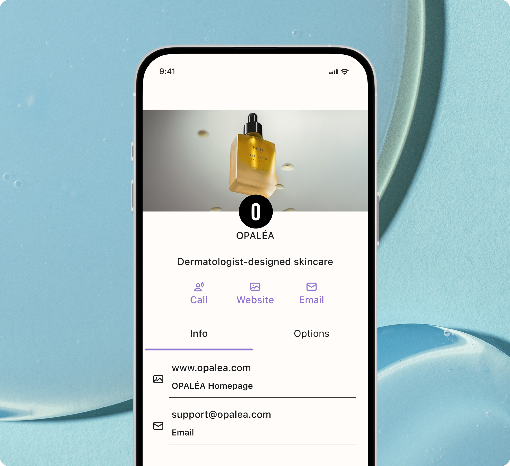 A smartphone displays a digital business card for Opalea skincare, featuring a product image and contact options, on a blue background.