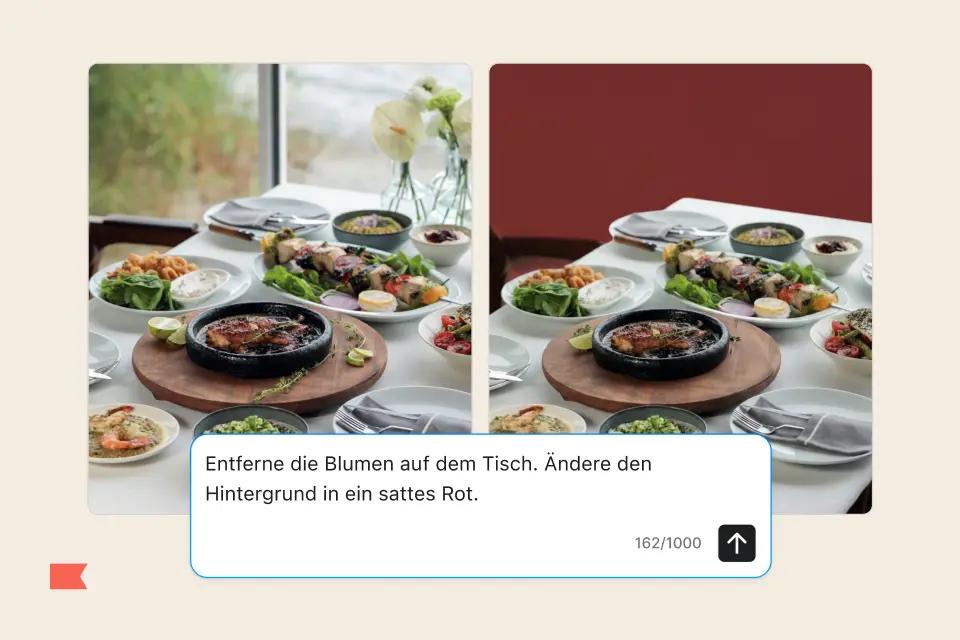 Zwei Bilder eines gedeckten Tisches mit Essen. Links mit Blumen und hellem Hintergrund, rechts ohne Blumen und rotem Hintergrund.