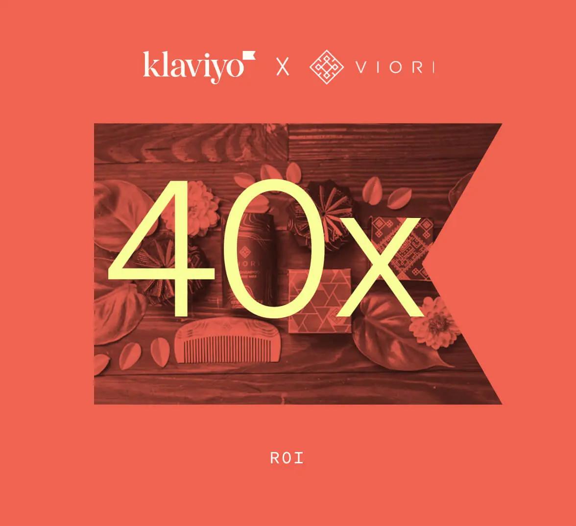 Graphic shows a poppy red background with the Klaviyo logo next to the Viori logo. The text reads "40x ROI."