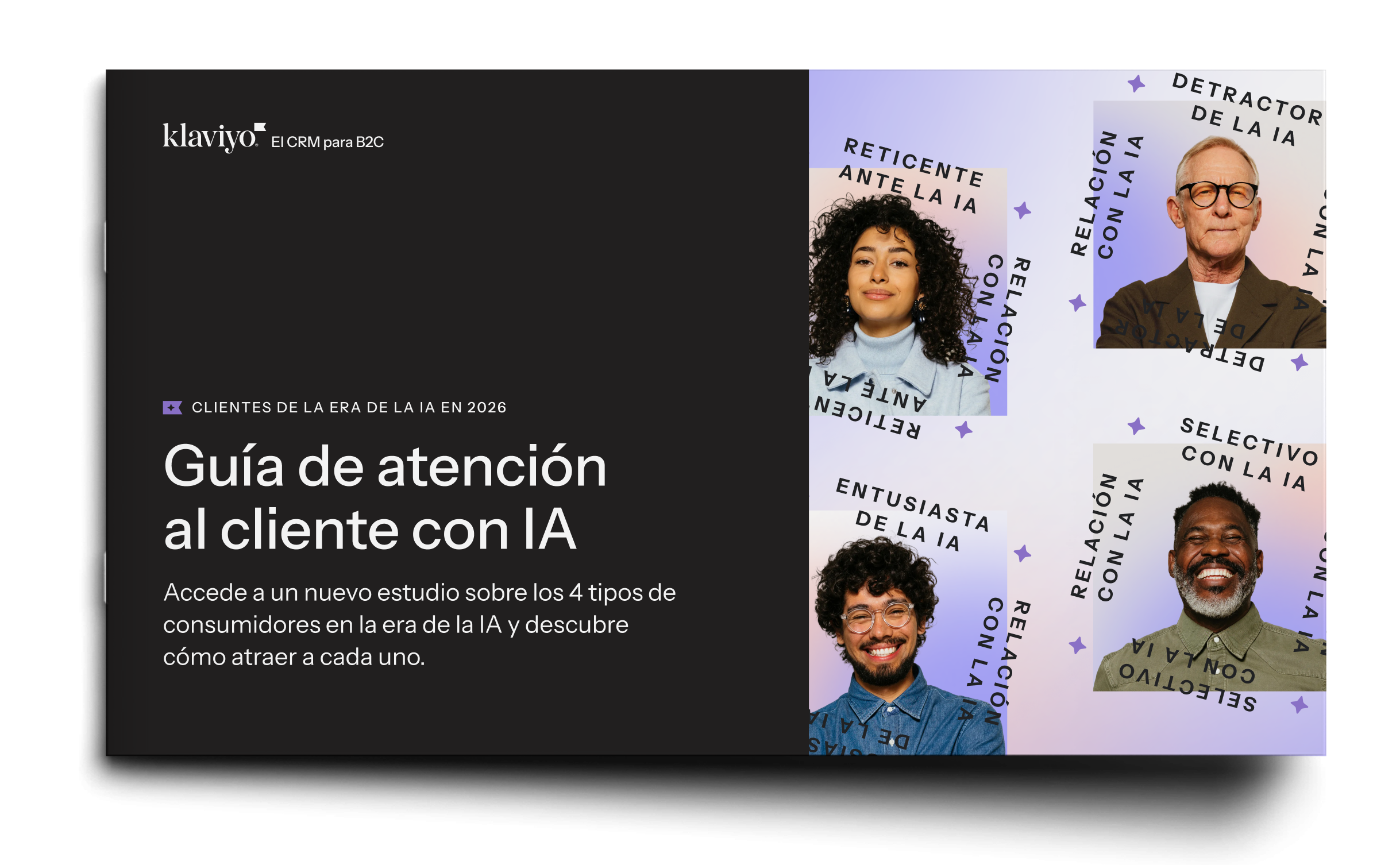 Digital cover for a 'Customer service guide with AI' featuring four portraits of people representing different consumer attitudes towards AI: Reluctant, Detractor, Enthusiast, and Selective.
