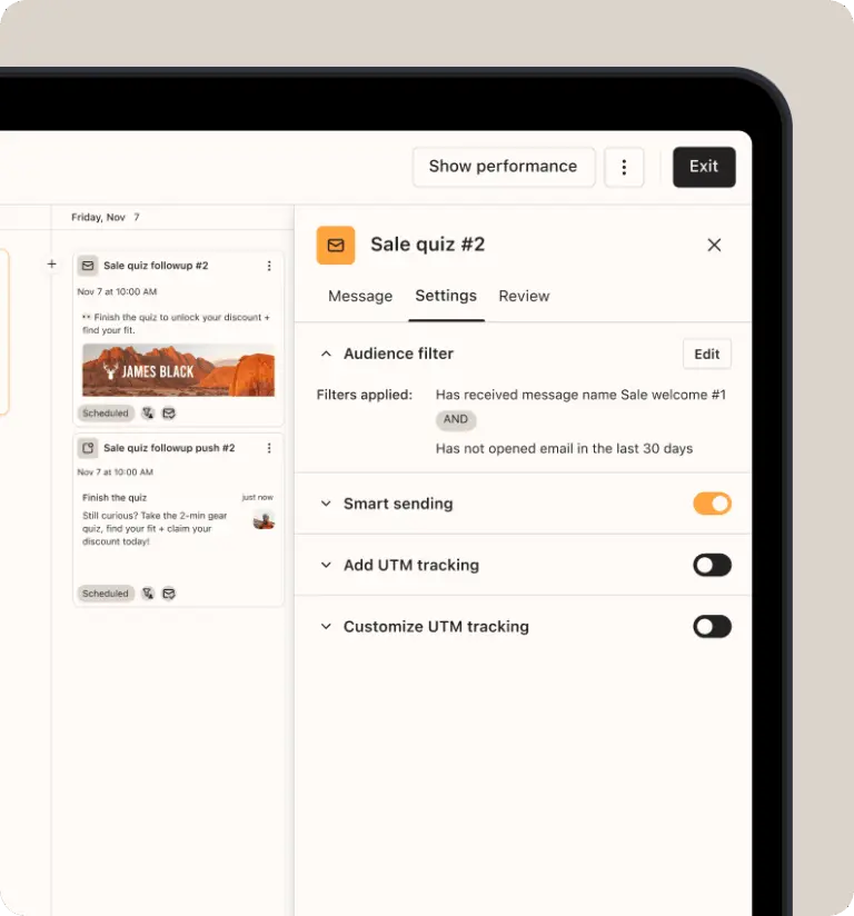 Digital marketing dashboard showing scheduled messages for a campaign, including "Sale welcome" and "Sale quiz" with audience filters.