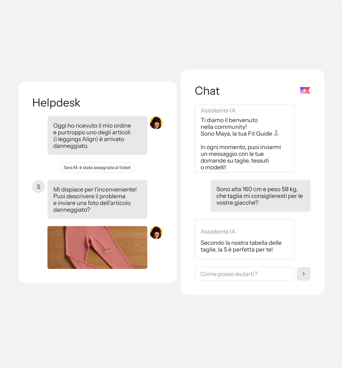 A split screen showing two customer service interactions: on the left, a helpdesk chat about damaged pink leggings with a photo of the tear; on the right, an AI chat assistant recommending a jacket size based on height and weight.