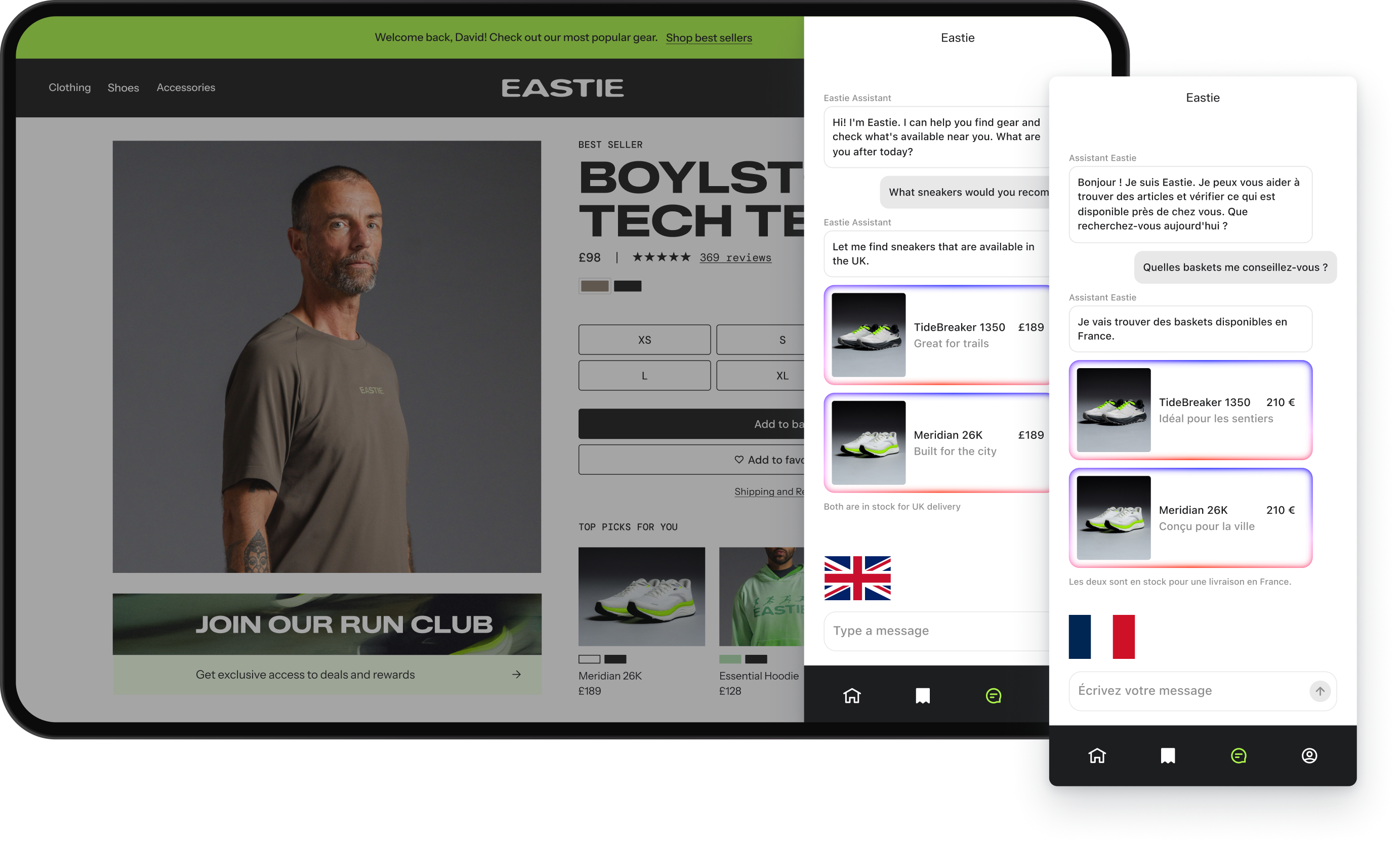 Online store displaying athletic products alongside an AI chatbot recommending sneakers in English and French on two mobile screens.