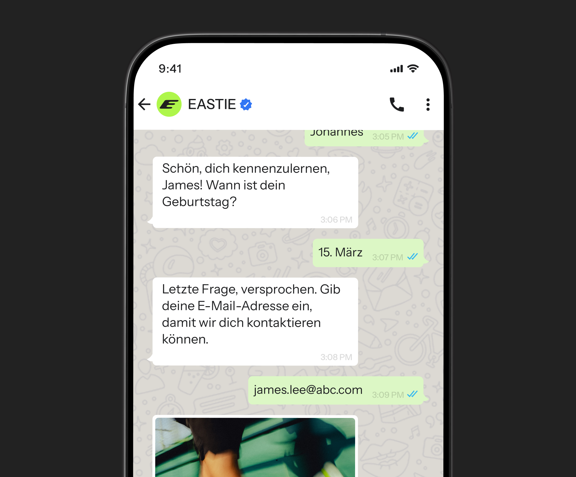 A mobile phone screen displays a chat conversation in German with the EASTIE app, exchanging birthday and email information.